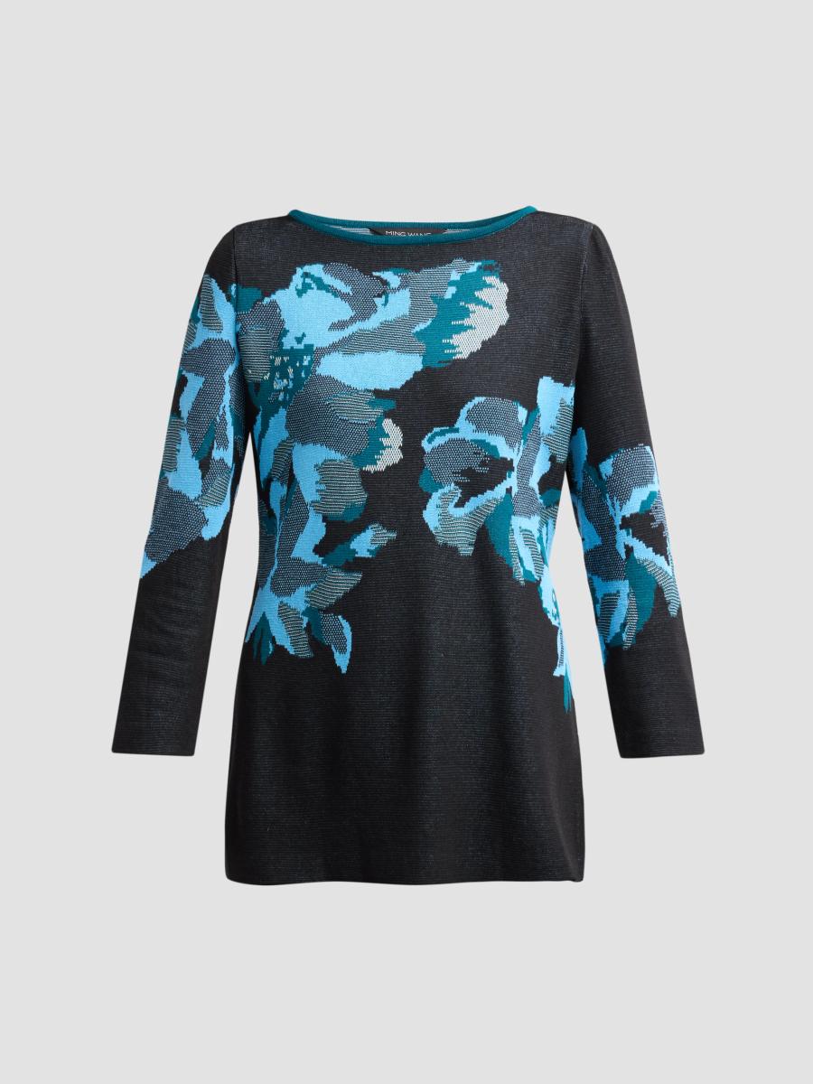 Ming Wang Women's Floral Jacquard Tunic Top In Deep Teal
