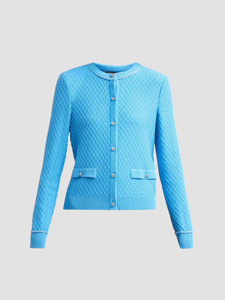 Ming Wang Women's Diamond Rib-knit Chain-trim Cardigan In Tranquil Blue