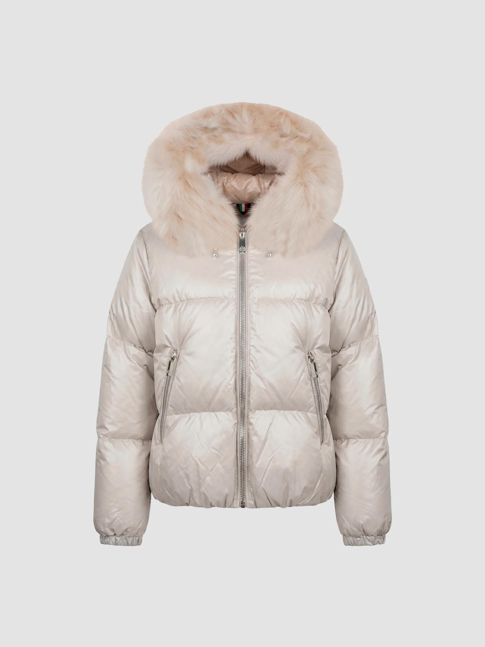 Gorski Women's Apres-Ski Parka with Detachable Merinillo Lamb Hood Trim - Beige Iceberg - Size Medium