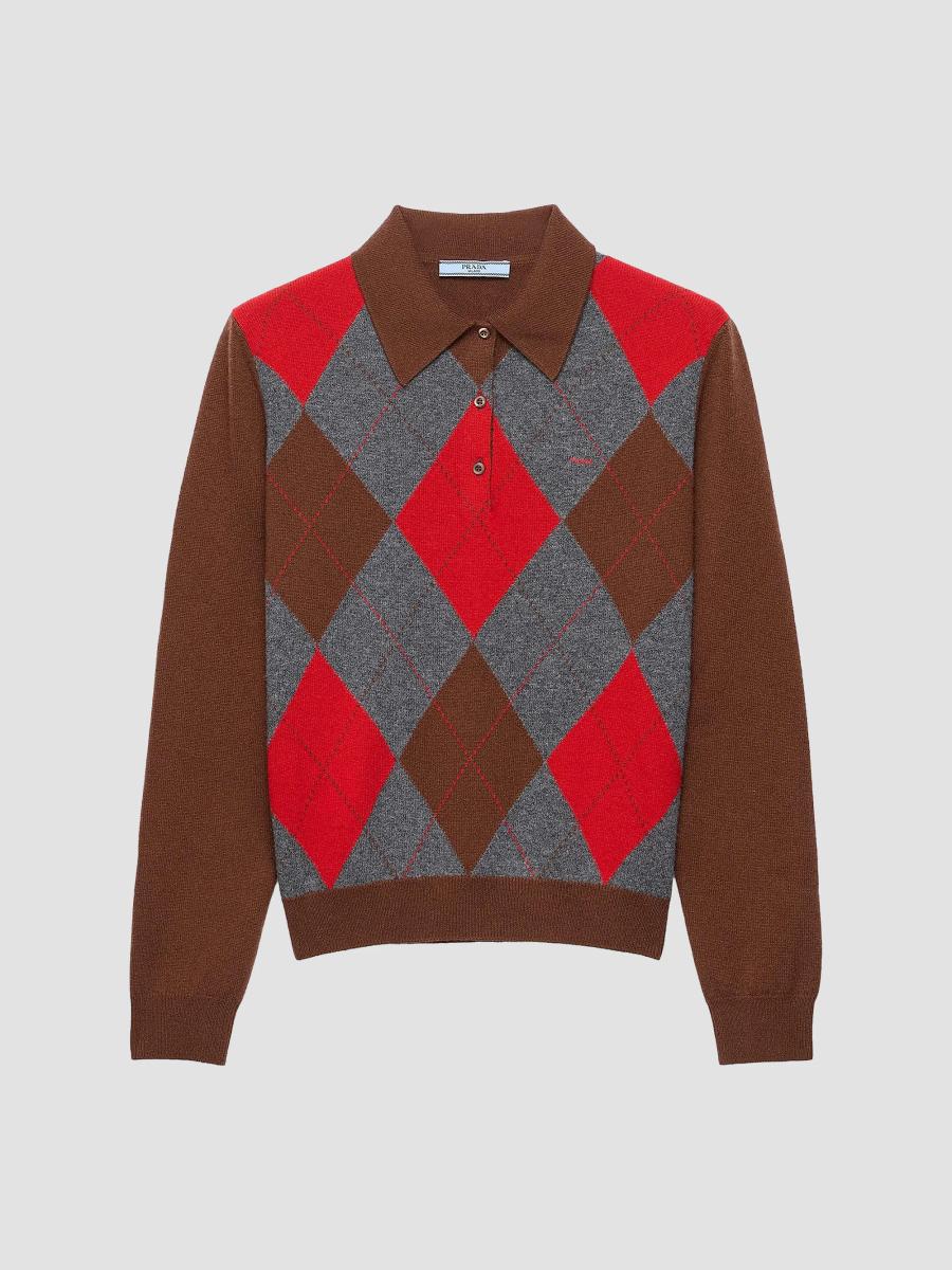 Prada Women's Argyle Cashmere Polo Sweater In Brown