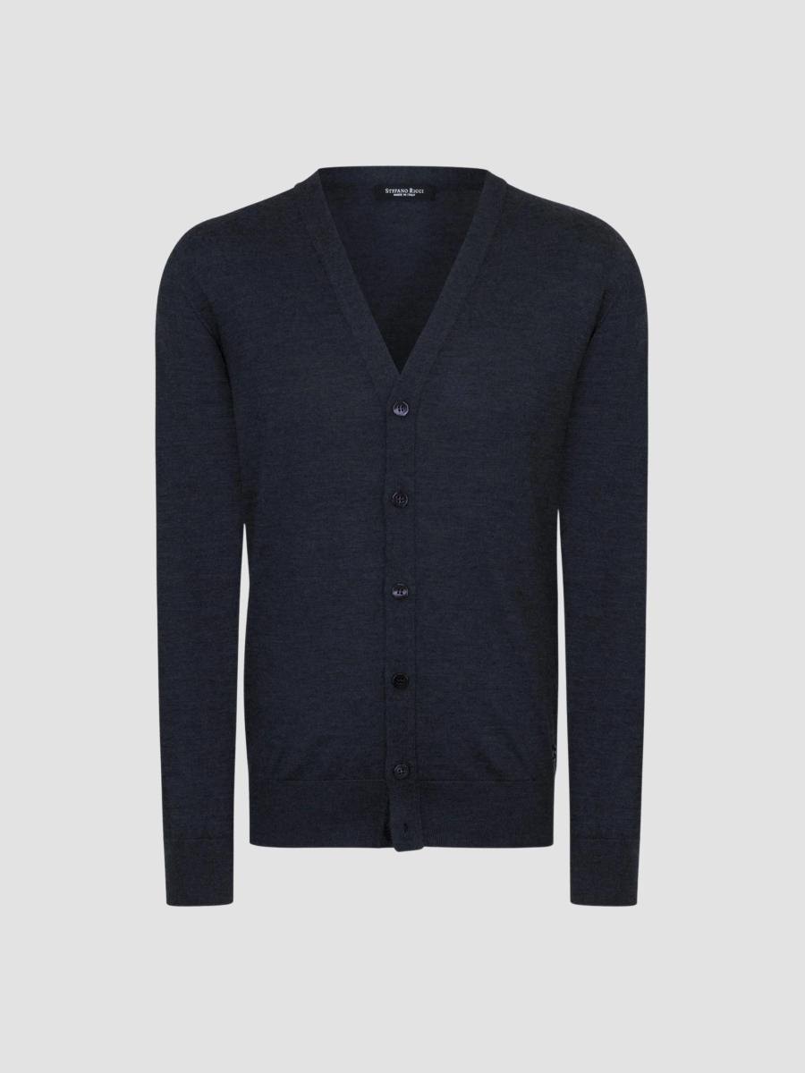 Stefano Ricci Men's Cardigan Sweater With V Collar In Dark Blue