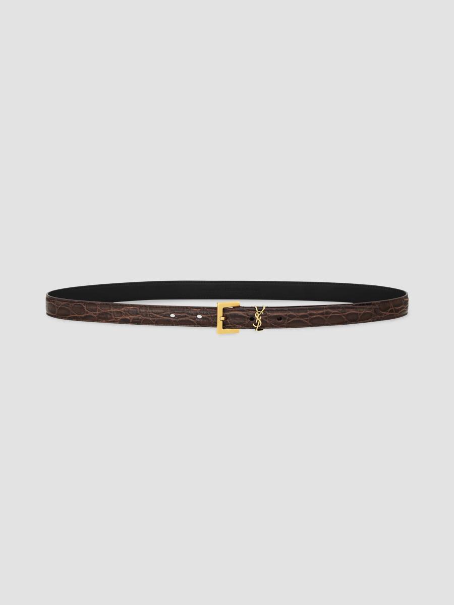Saint Laurent Women's Cassandre Thin Belt In Crocodile-embossed Leather In Coffee Shot