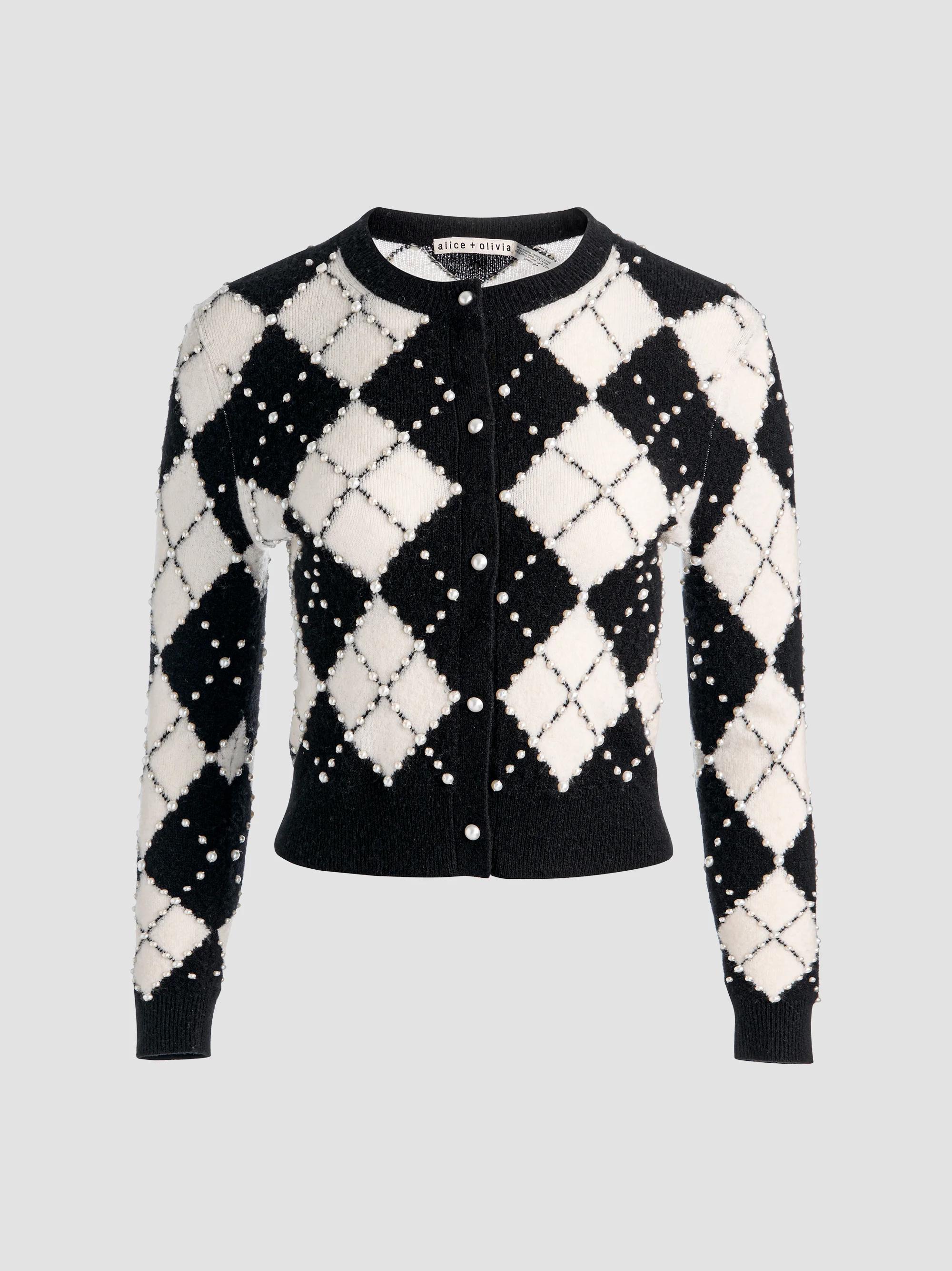 ALICE + OLIVIA Carolee Imitation Pearl-Embellished Argyle Cardigan