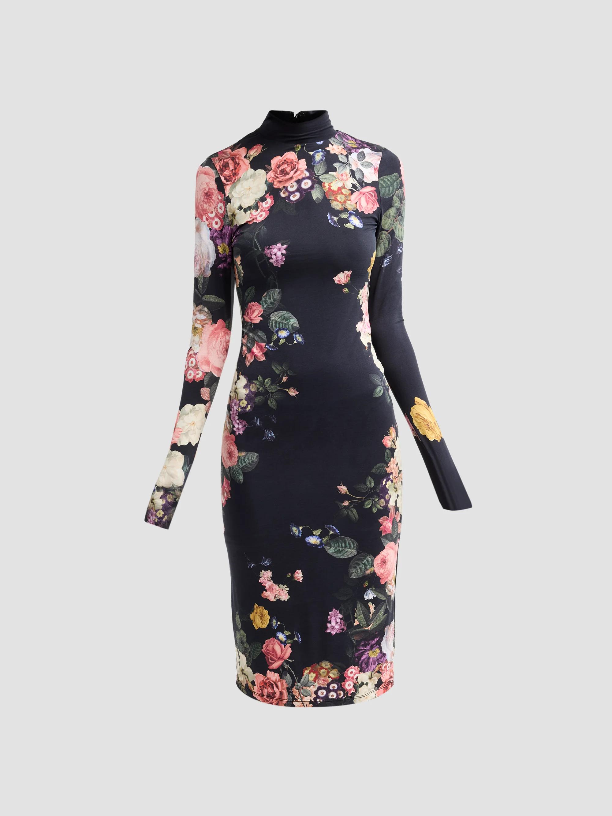 ALICE + OLIVIA Women's Delora Floral Jersey Turtleneck Midi Dress - Hollywood Dreams Black - Size 4