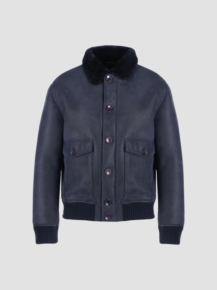 Gorski Men's Embossed Merino Shearling Lamb Bomber Jacket In Navy