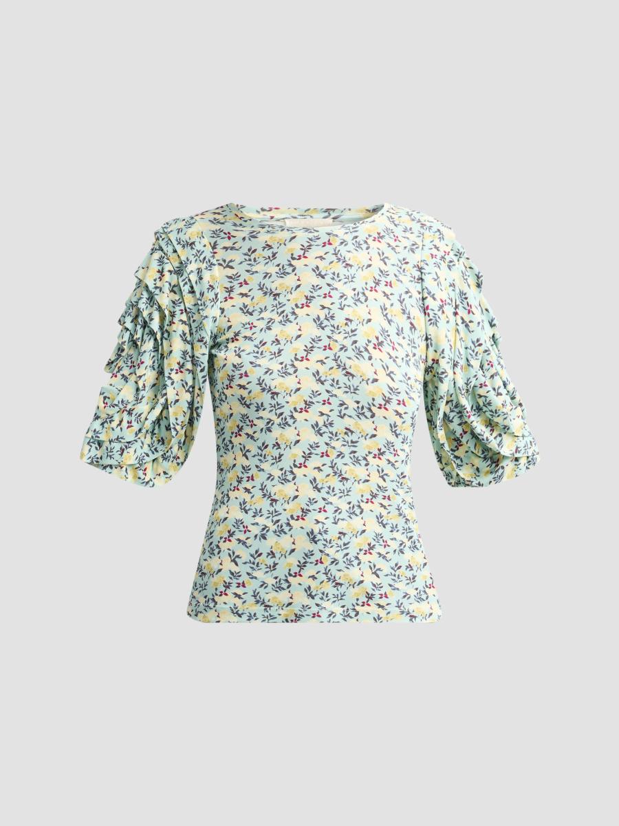 Ulla Johnson Women's Rubi Floral Jersey Flutter-sleeve Blouse In Blue