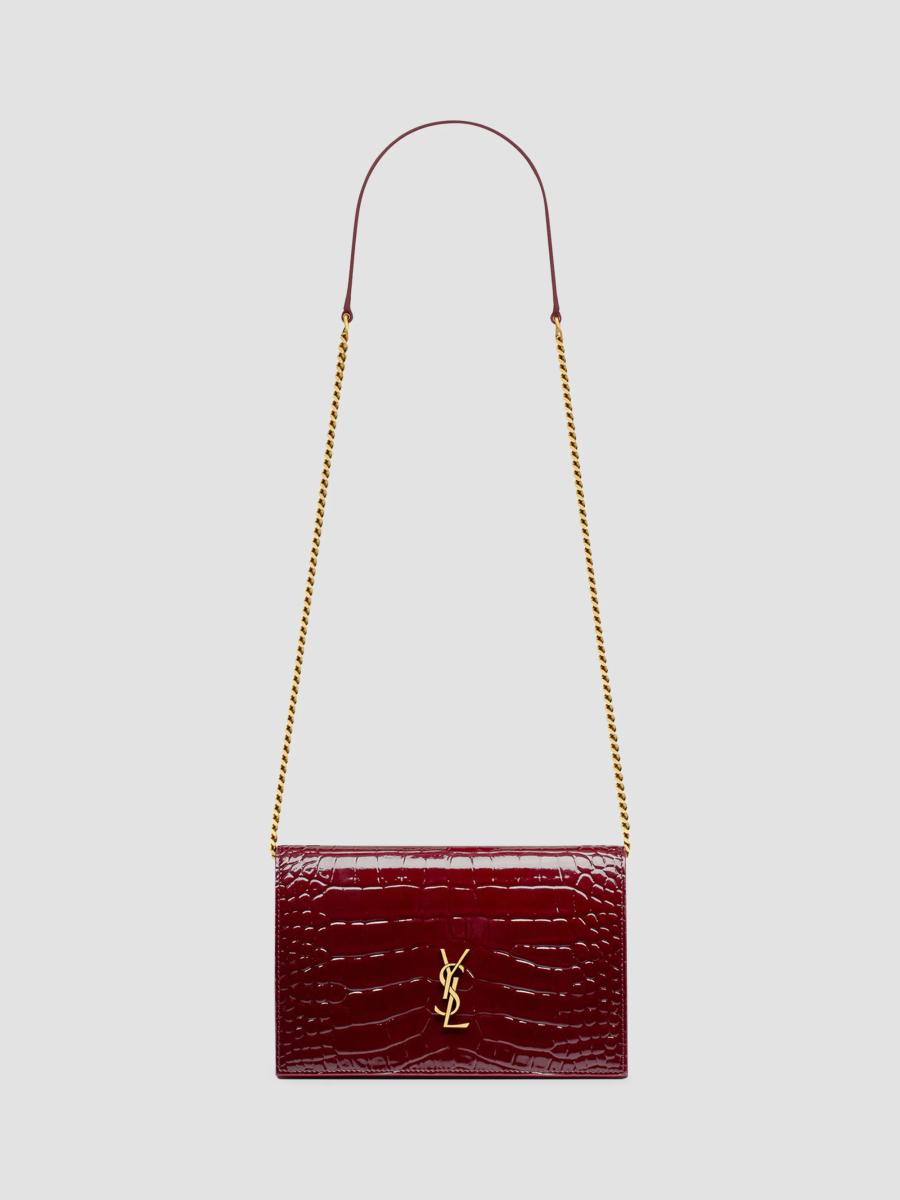 Saint Laurent Women's Cassandre Envelope Chain Wallet In Crocodile-embossed Patent Leather In Gloss Burgundy