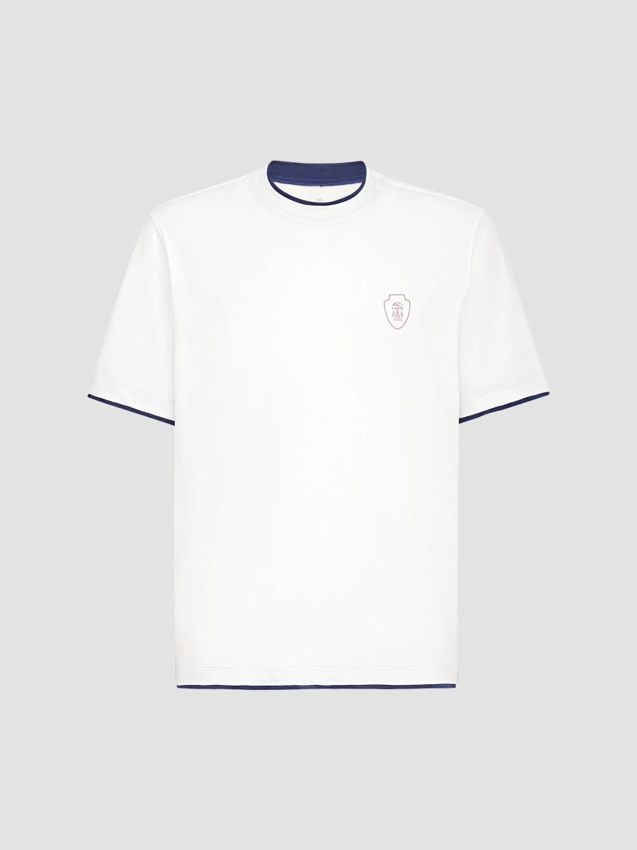 Brunello Cucinelli Men's Comfort Nylon Crewneck T-shirt With Faux-layering And Logo In White