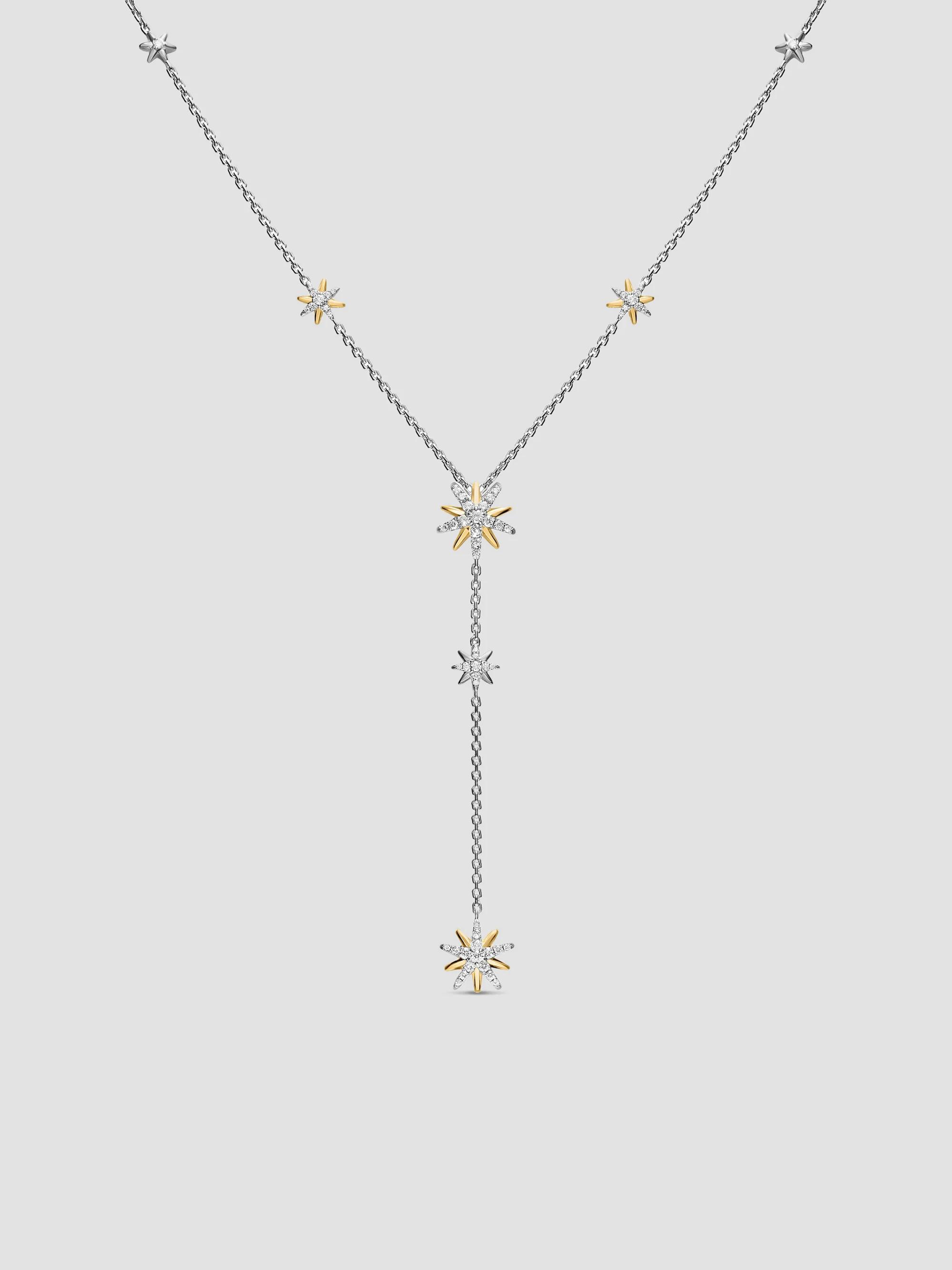 Women's Starburst Y Necklace in Sterling Silver with 18K Yellow Gold and Diamonds, 76.7MM - Silver