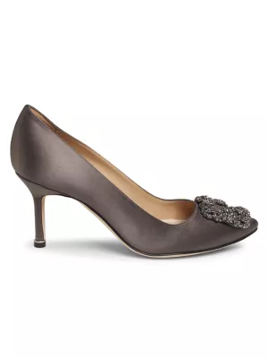Manolo Blahnik Women's Hangisi 70MM Crystal-Embellished Satin Pumps - Dark Grey | Thumbnail 8