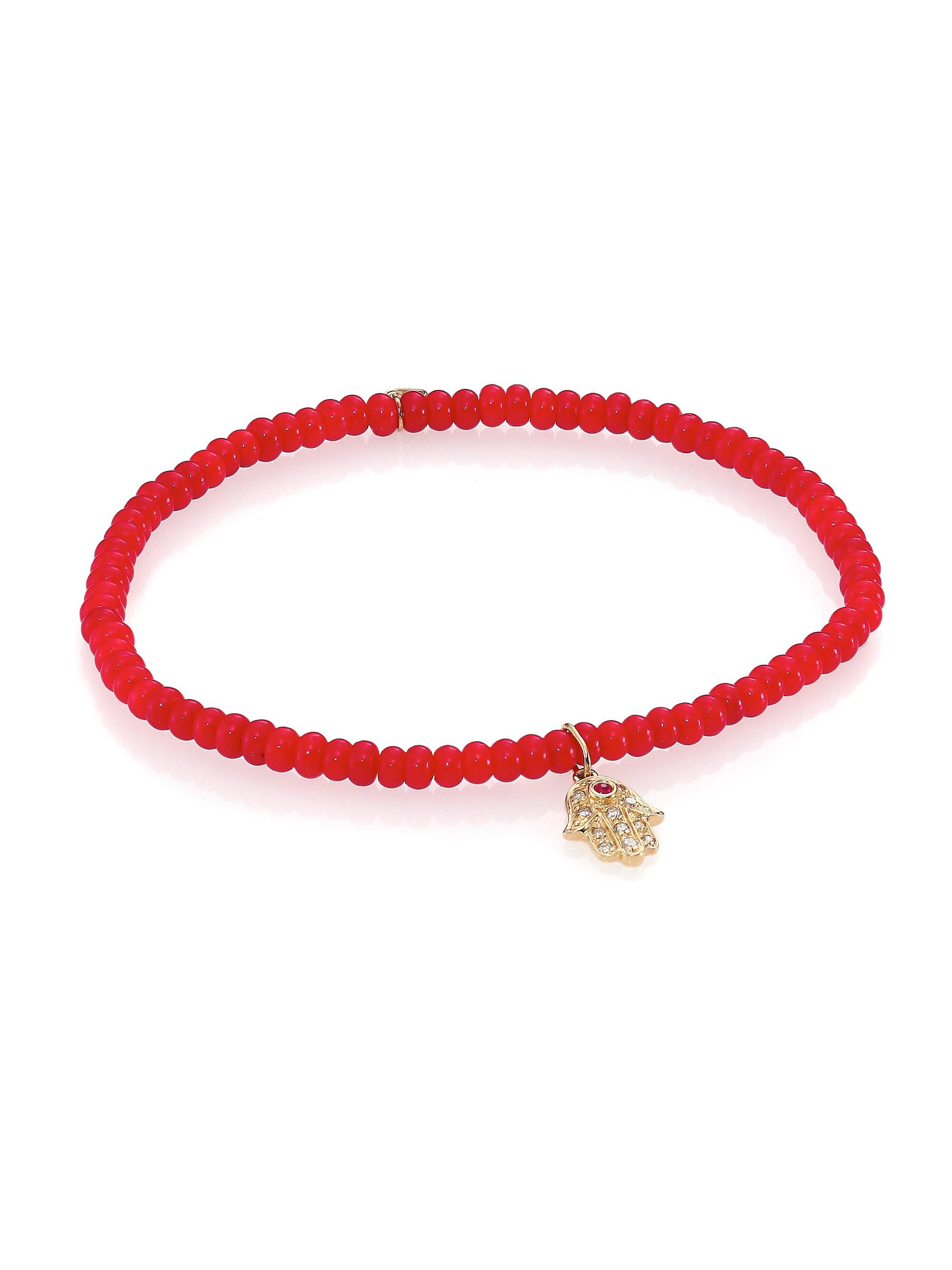 Sydney Evan Women's Hamsa Diamond, Red Coral & 14K Yellow Gold Hamsa Beaded Bracelet - Red Gold
