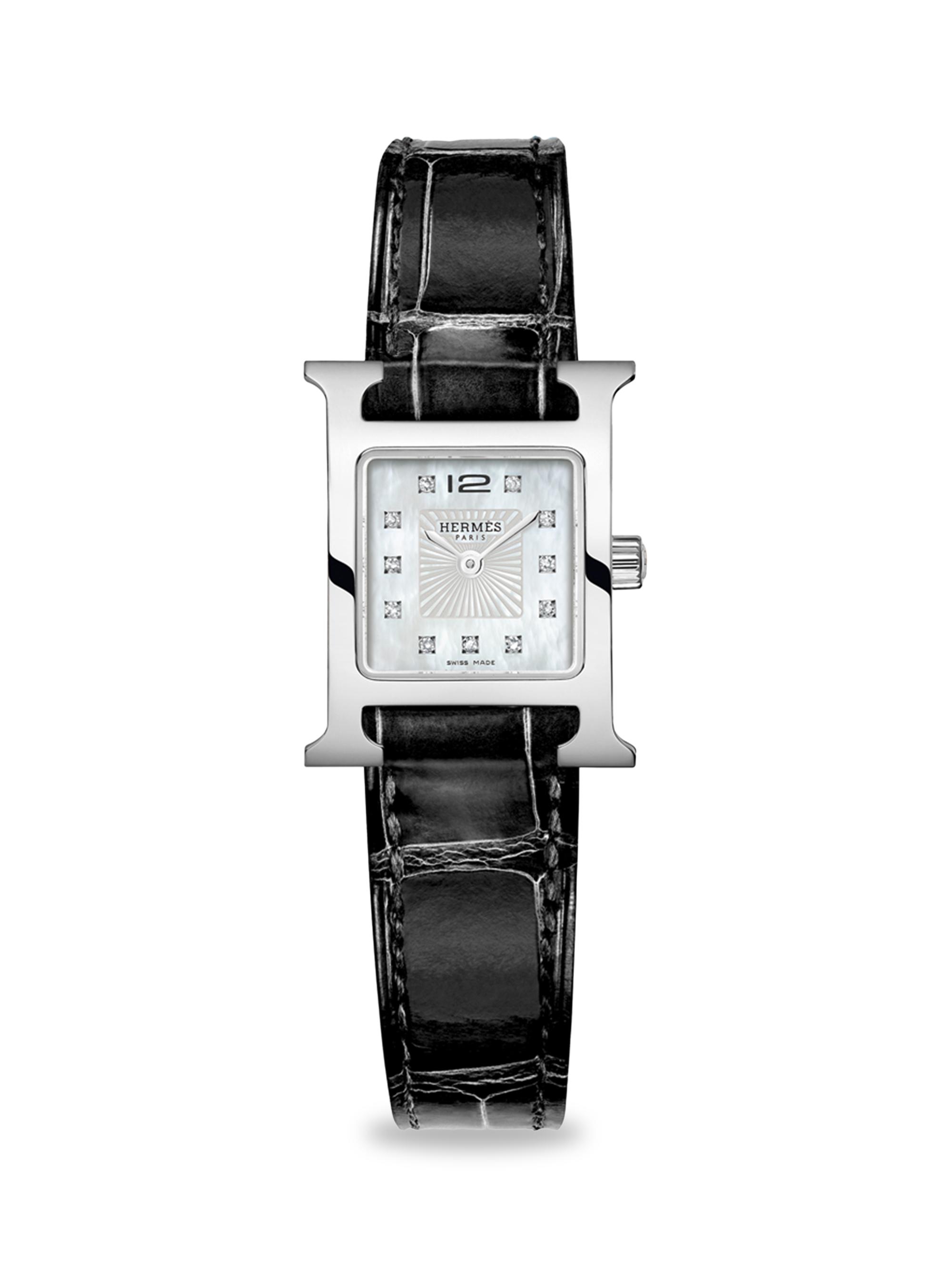 HERMÈS Women's Heure H 21MM Stainless Steel, Diamond & Alligator Strap Watch