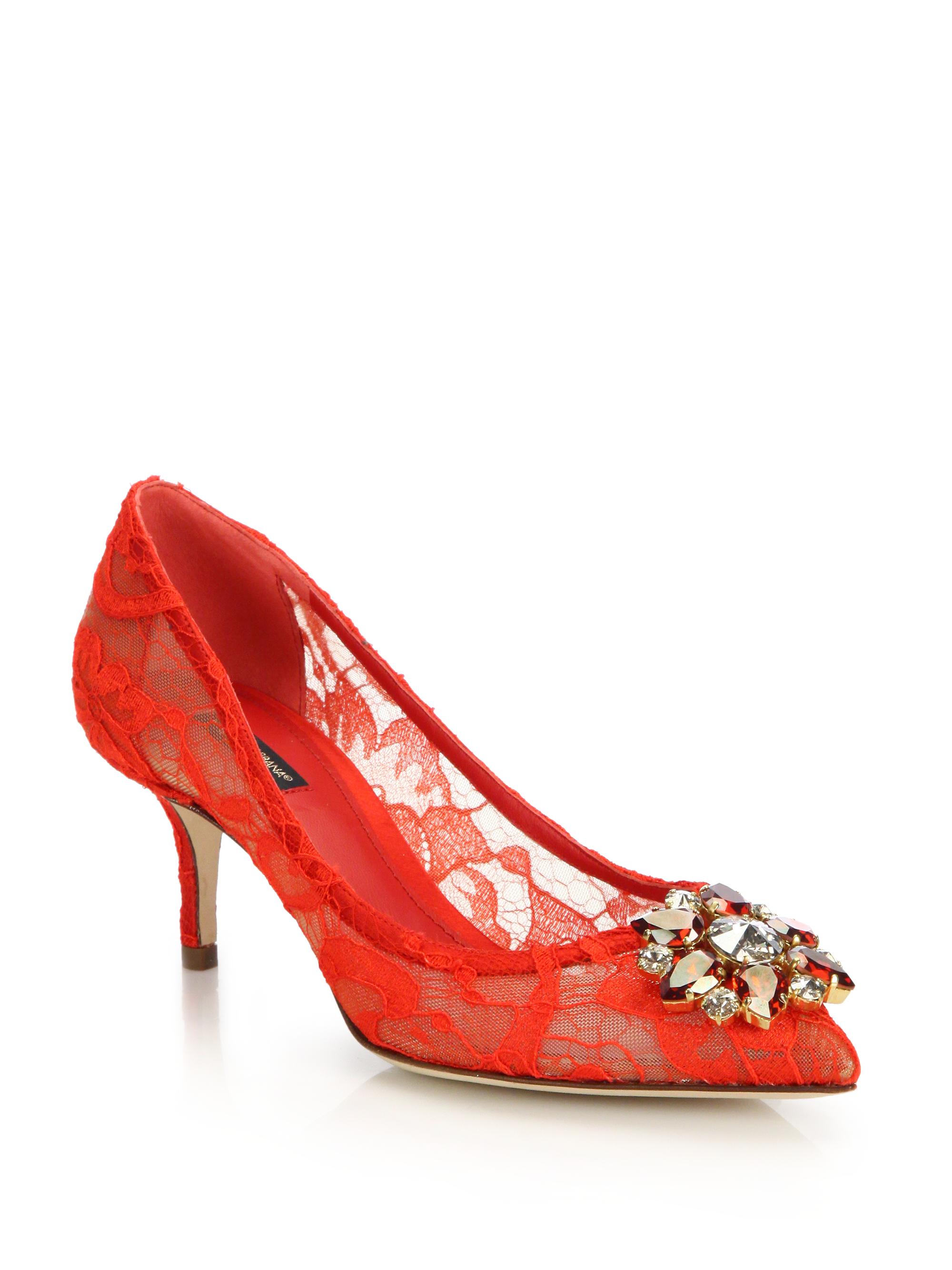 Dolce & Gabbana Women's Embellished Lace Point Toe Pumps - Red | Thumbnail 7