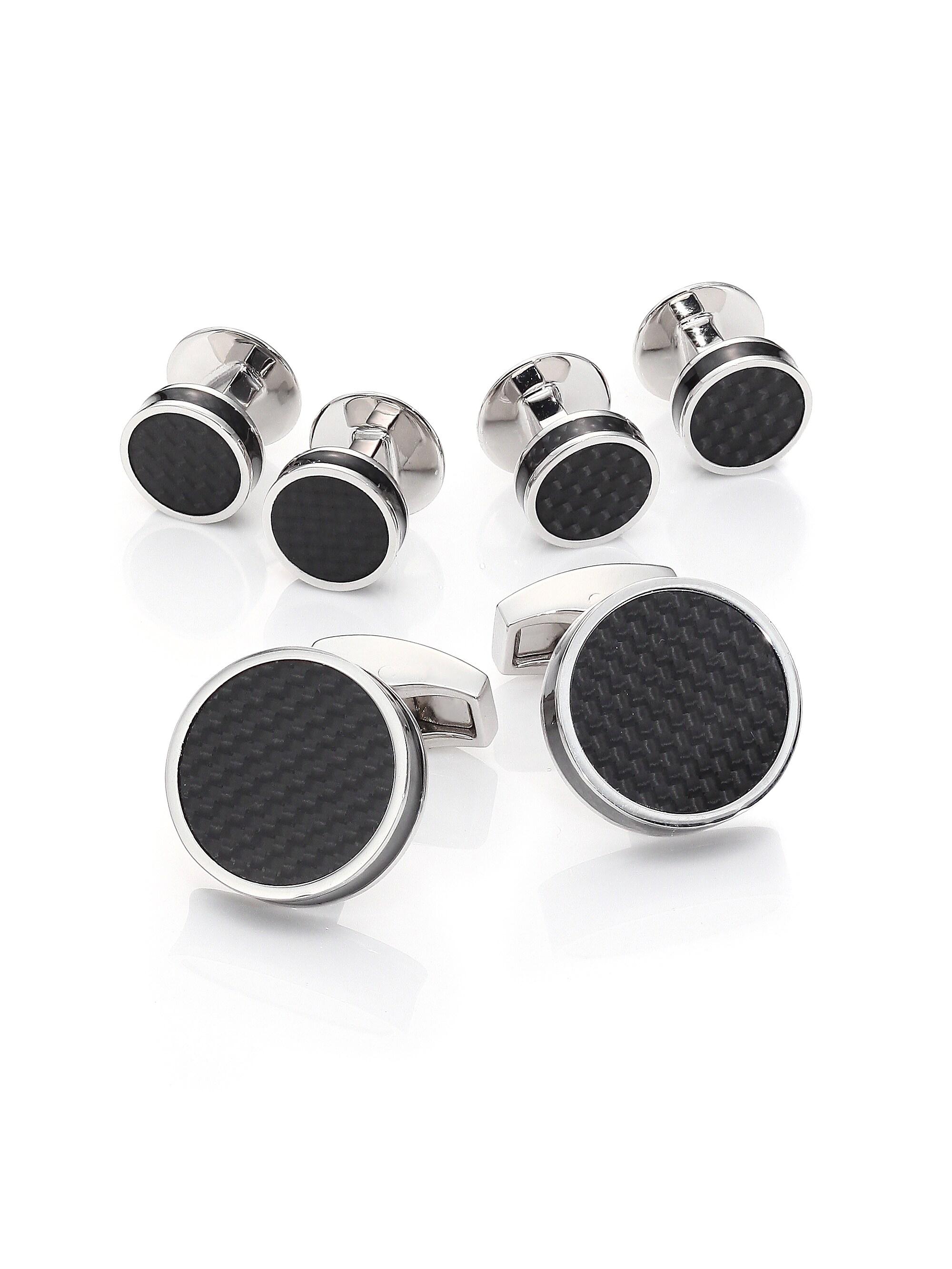 Tateossian Men's Round Carbon Fiber Stud Set - Black