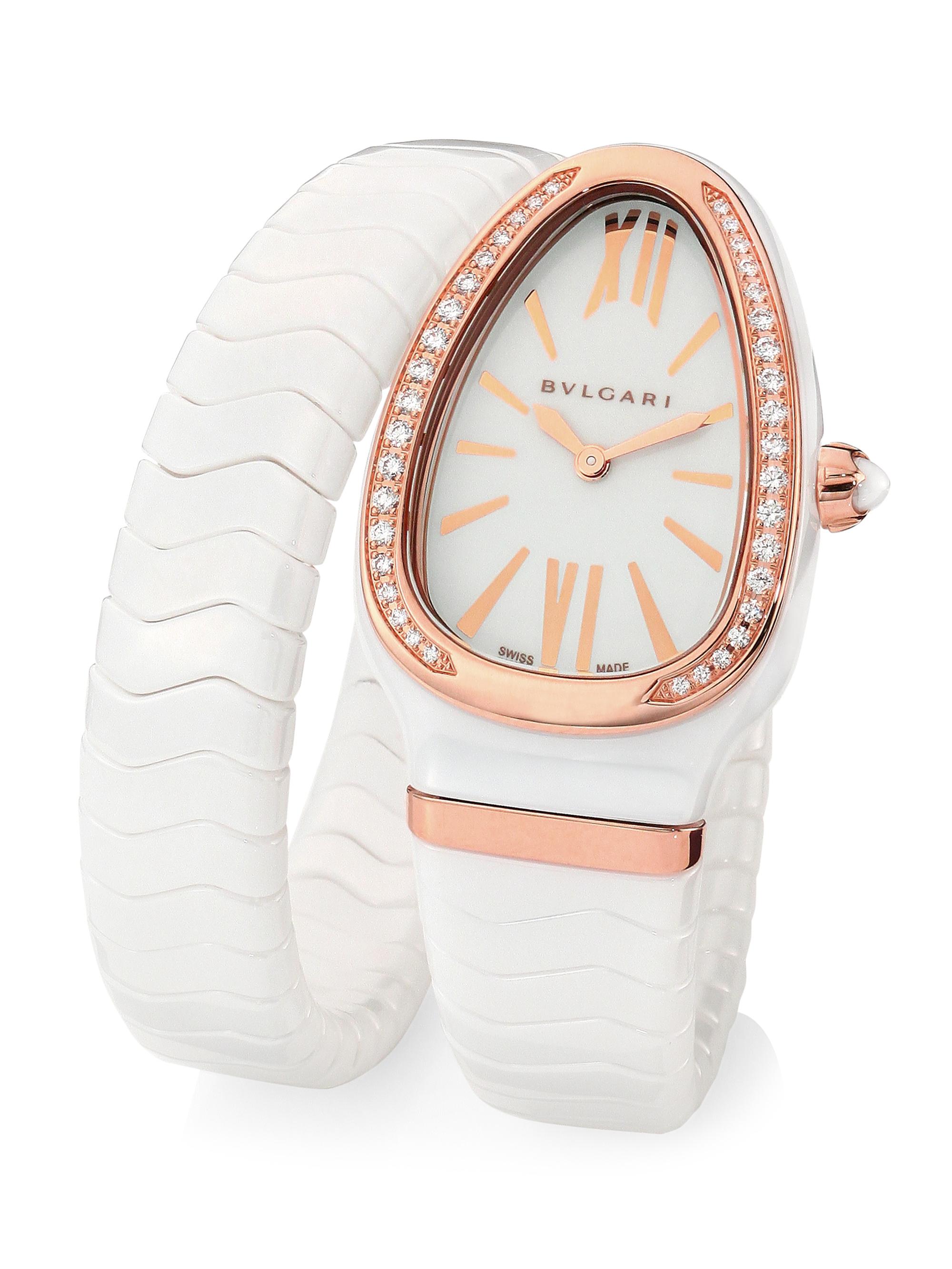 BVLGARI Women's Serpenti Spiga Rose Gold, White Ceramic & Diamond Single Twist Watch - White