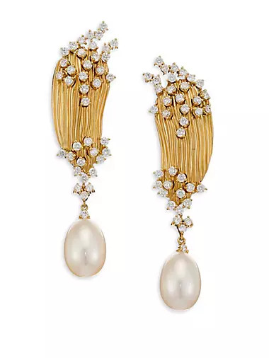 Bahia Diamond, Pearl & 18K Yellow Gold Drop Earrings