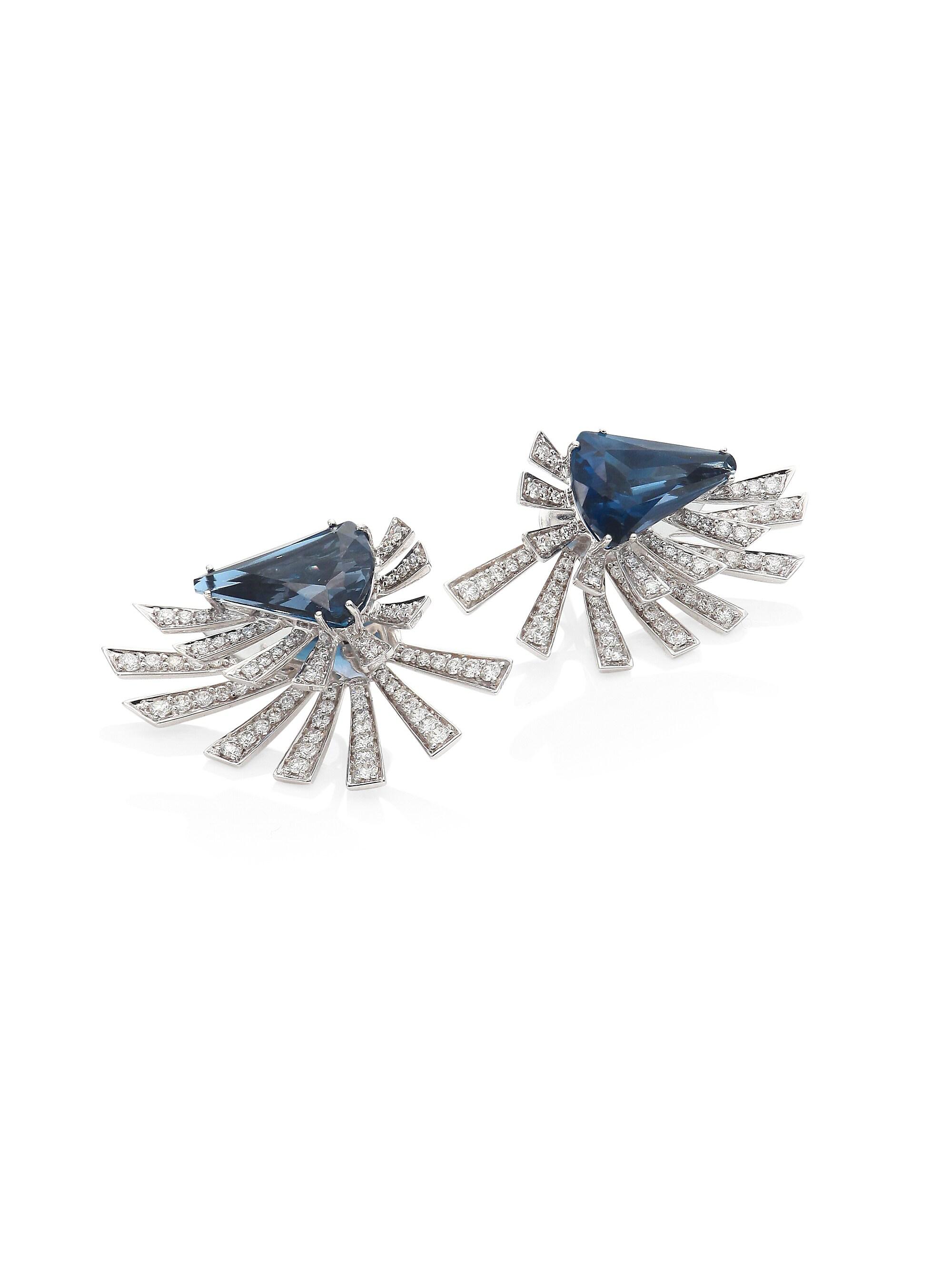Hueb Women's Mirage Burst Diamond, Blue Topaz & 18K White Gold Front-Back Earrings - White Gold Blue Topaz