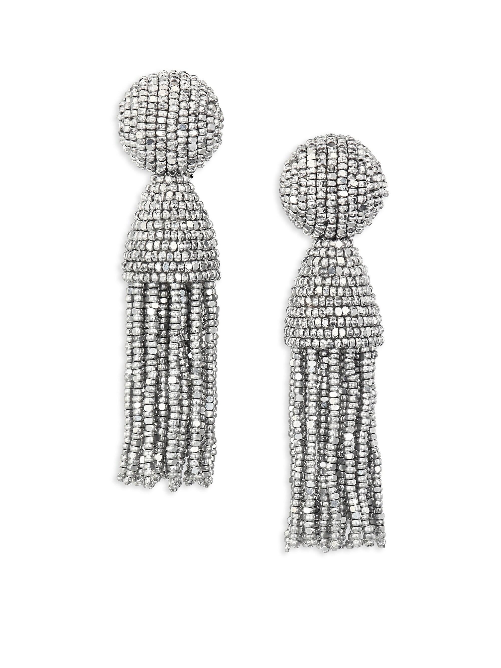 Oscar de la Renta Women's Short Beaded Tassel Clip-On Earrings - Silver