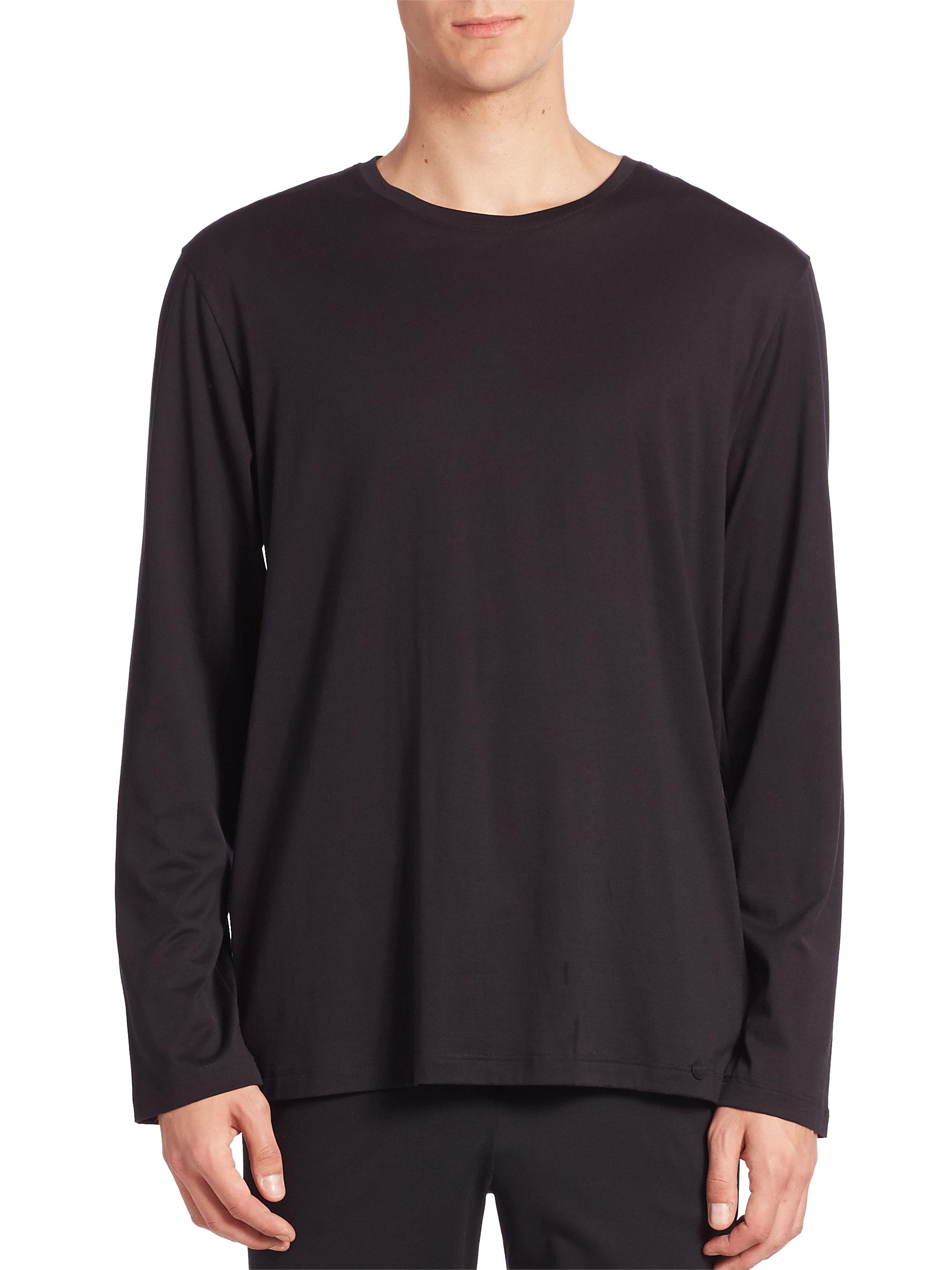 Hanro Men's Night And Day Solid Long Sleeve Tee - Black - side view in Black