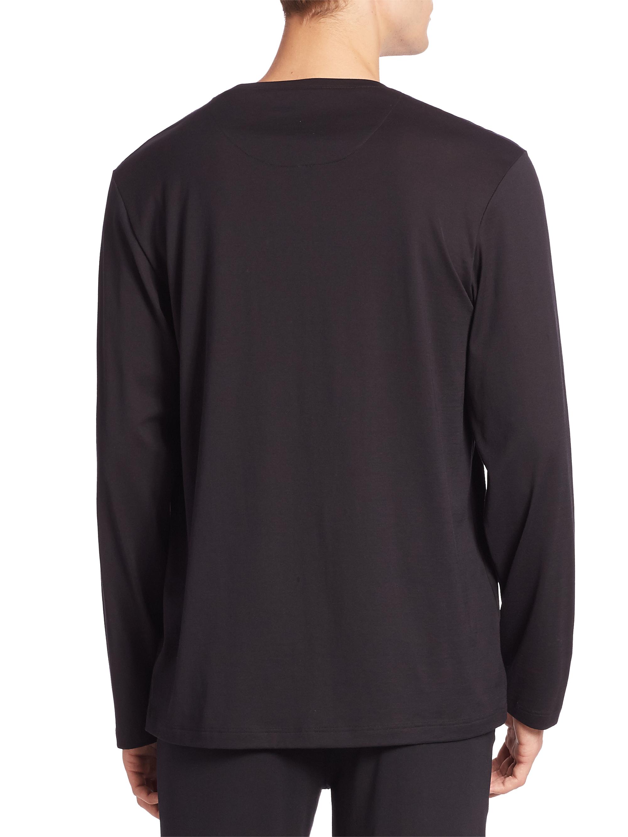 Hanro Men's Night And Day Solid Long Sleeve Tee - Black - detail view in Black