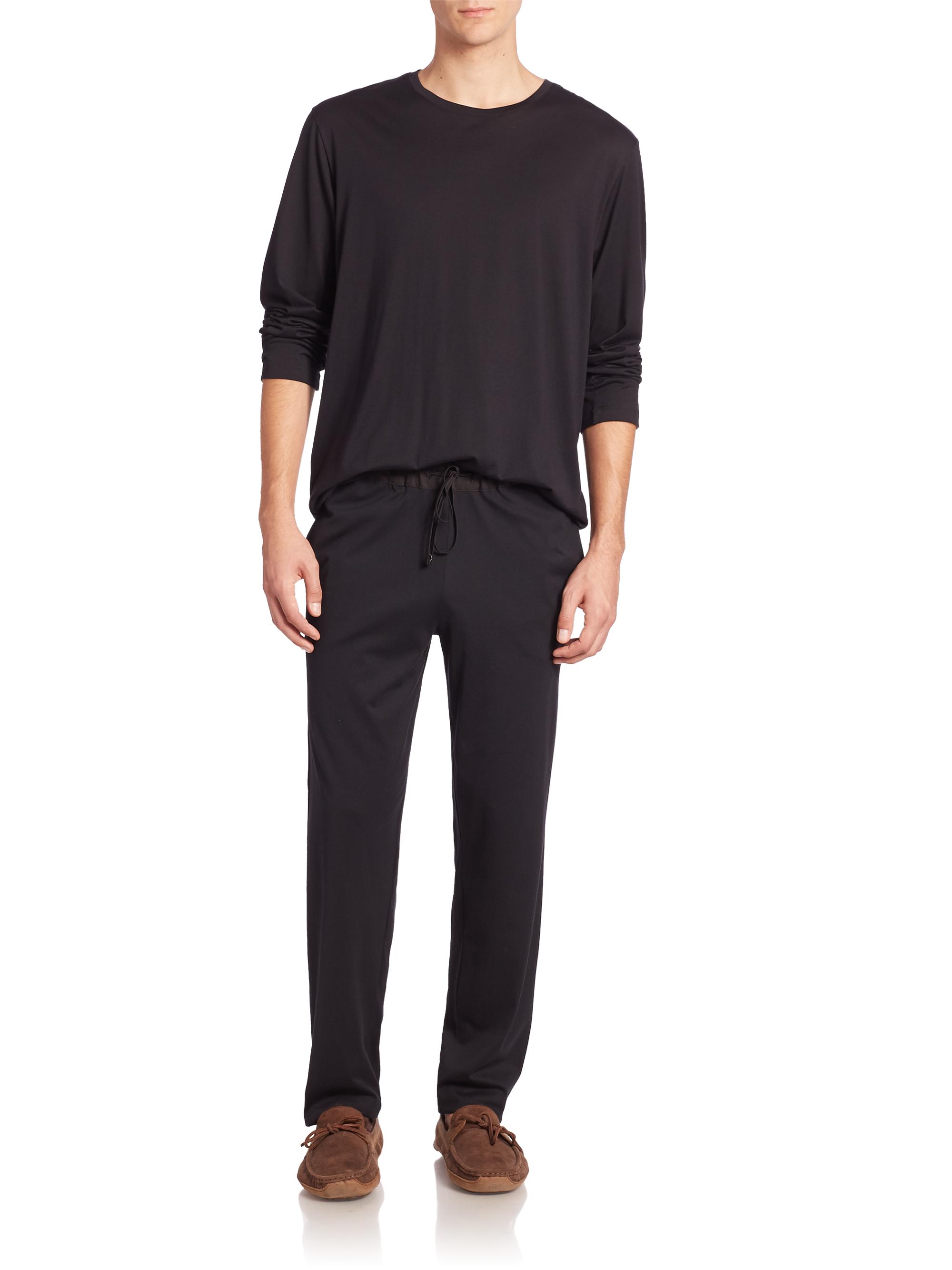 Hanro Men's Night And Day Solid Long Sleeve Tee - Black - back view in Black