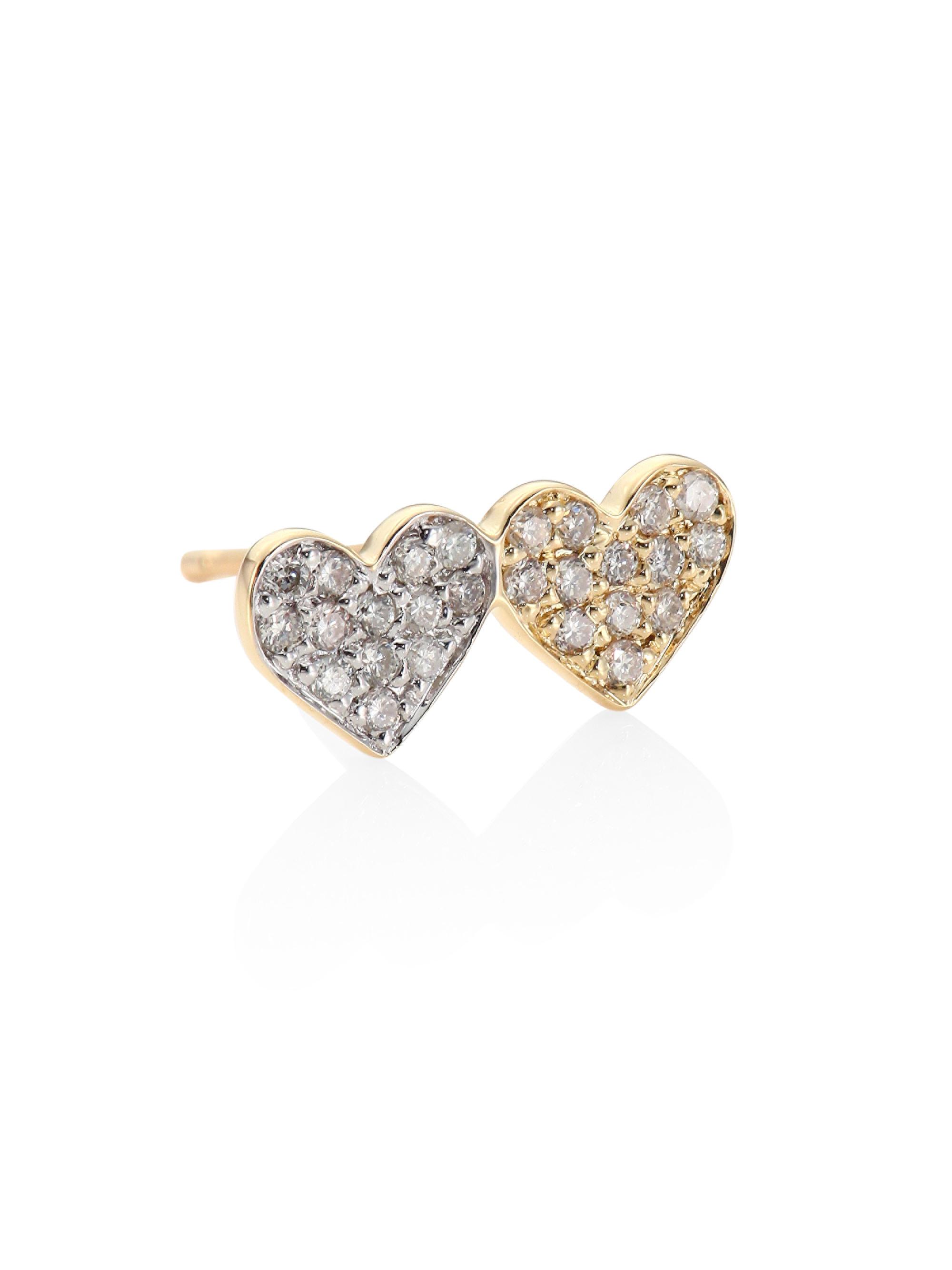 Sydney Evan Women's  Double Heart 14K Yellow Gold & Diamond Pavé Heart Single Earring Stud - Yellow White Gold