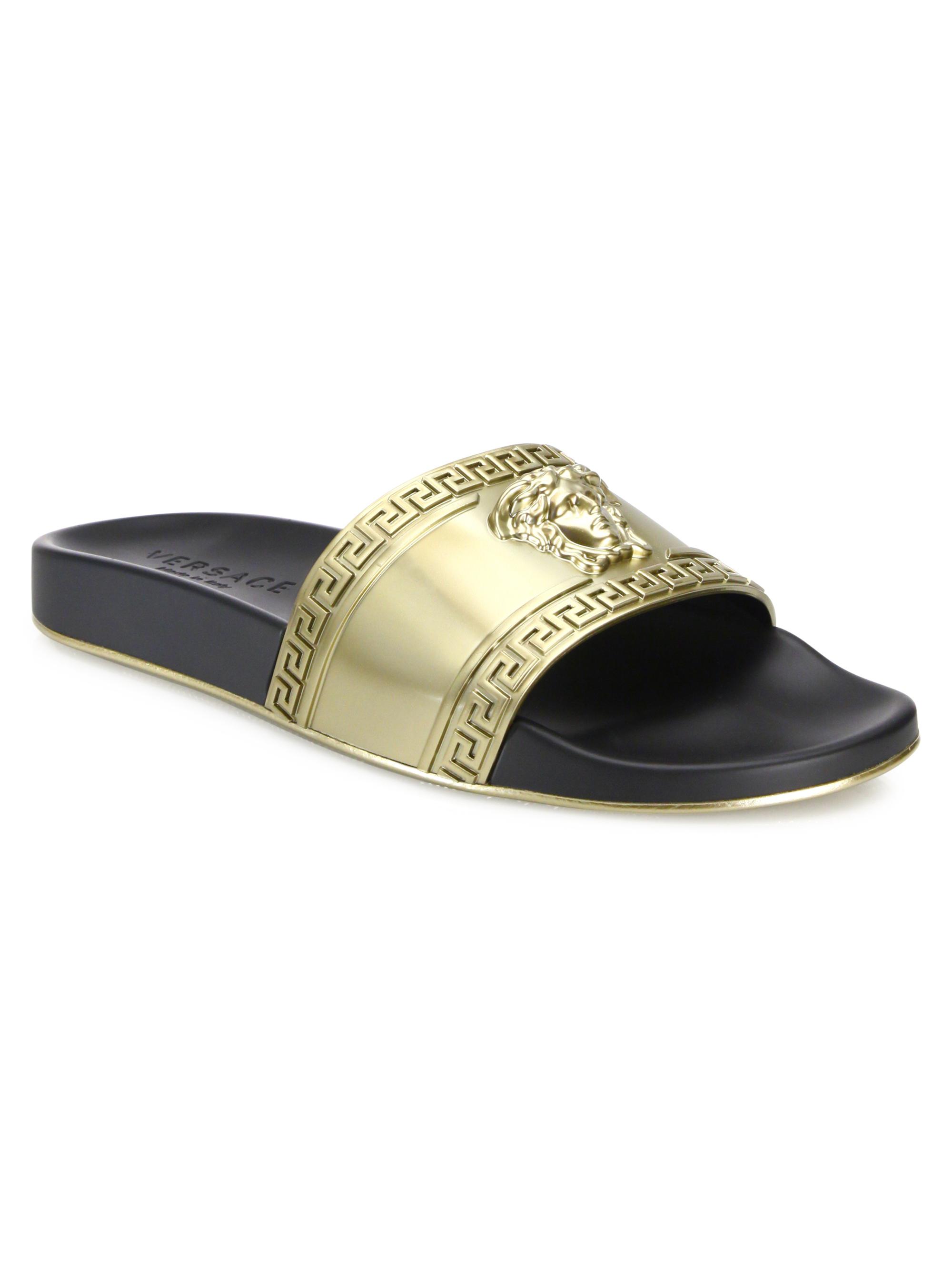 Versace Lime Green Vitello Pool Slides with Gold Medusa Accent EU41/US8 NWT $375 Versace Mens Neon Green Palazzo Medusa Logo Slides  main image 2
