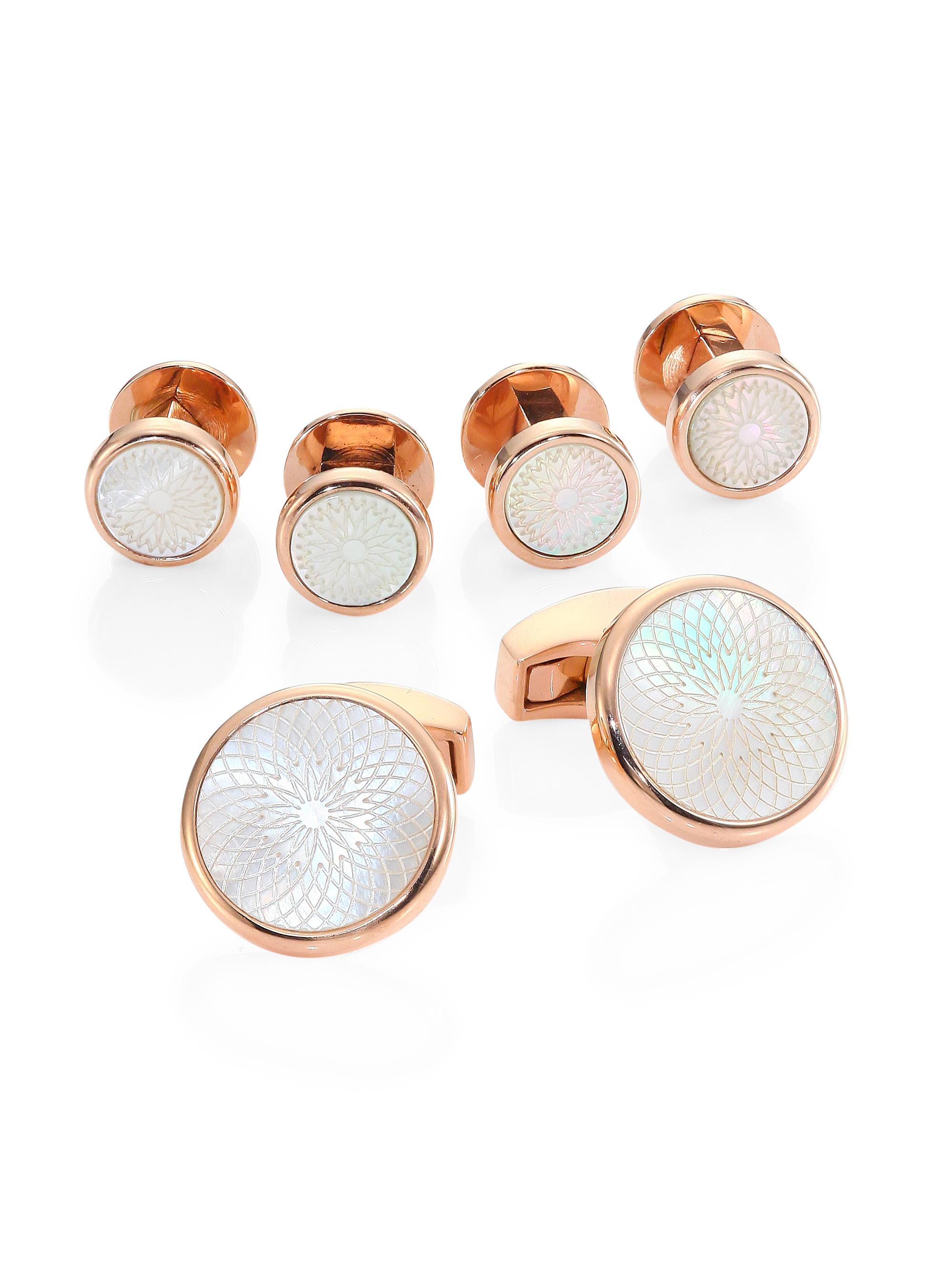 Tateossian Men's Rotondo Guilloche Mother-of-Pearl Rose Goldplated Cufflinks & Shirt Studs Set - Rose Gold