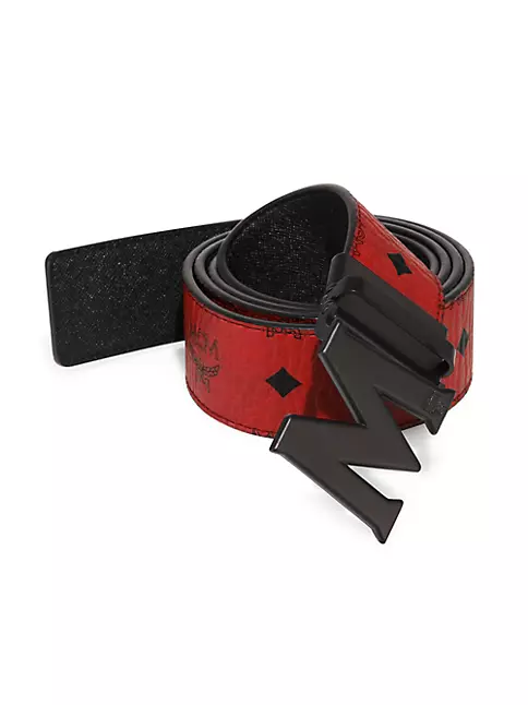 Shop MCM Claus M Reversible Belt in Black Logo Visetos