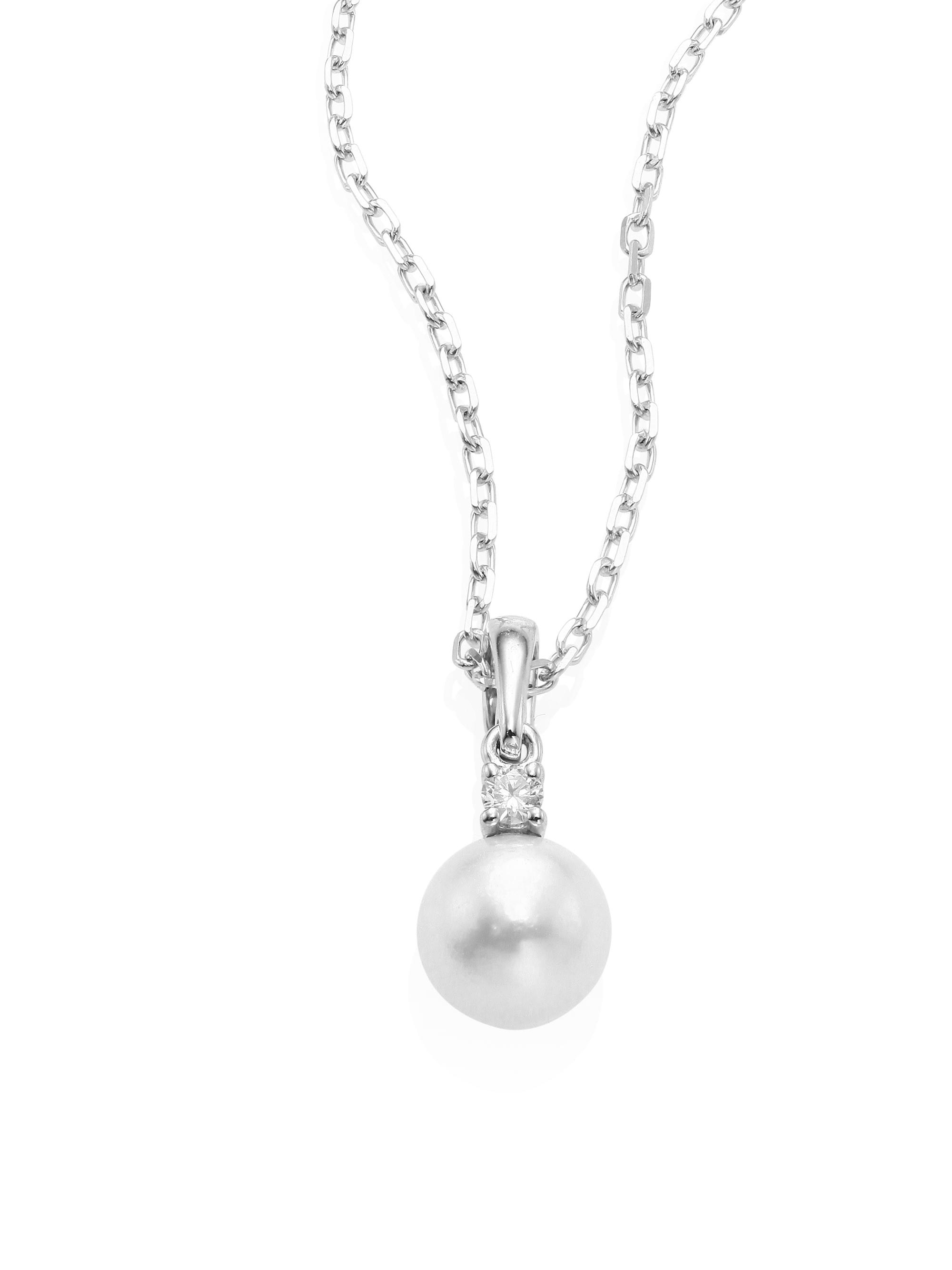 Mikimoto Women's Sterling Silver, 6MM White Cultured Akoya Pearl & Diamond Pendant Necklace - White Gold