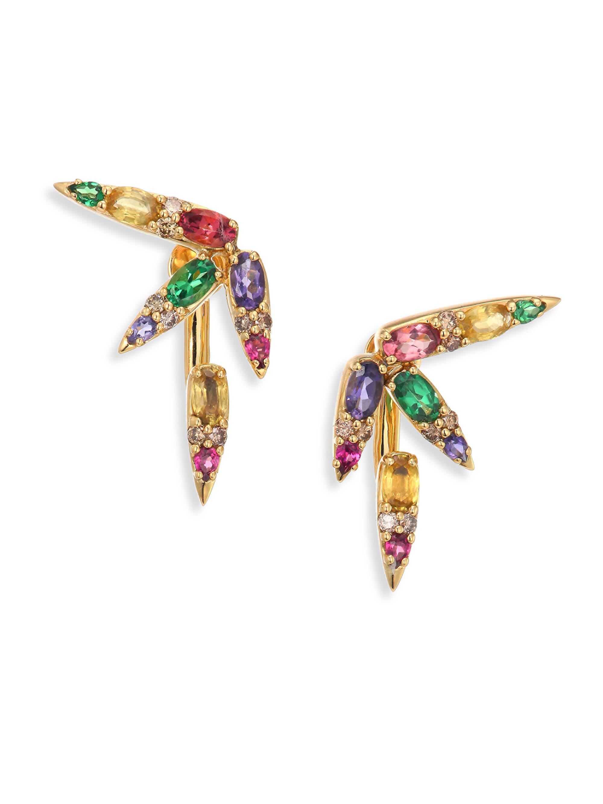 Nikos Koulis Spectrum Brown Diamond, Tsavorite, Iolite, Pink Tourmaline, Yellow Beryls & Rhodolite Ear Jacket & Stud Earrings Set - Gold Multi