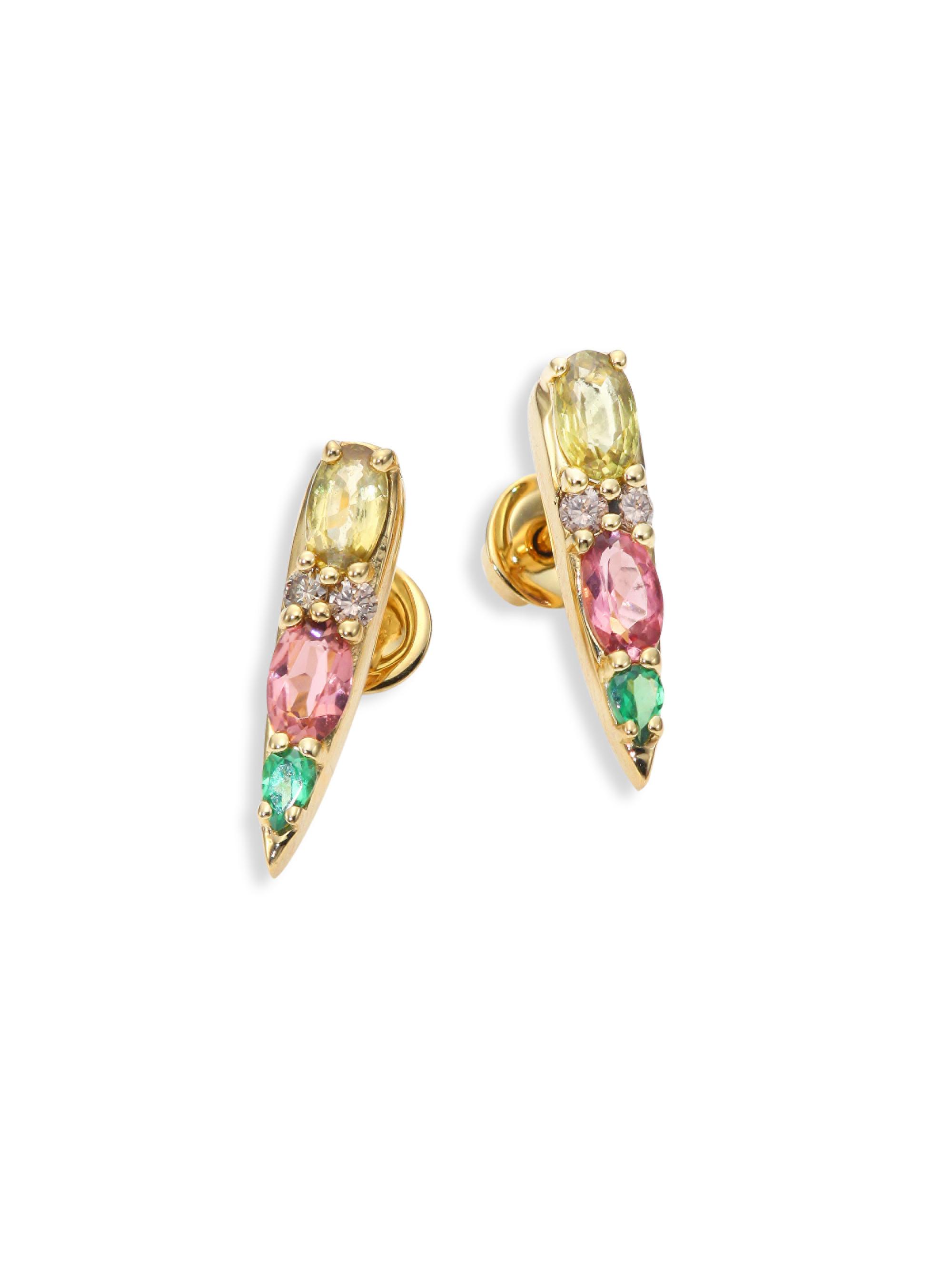 Nikos Koulis Women's Spectrum Tapered Brown Diamond, Tsavorite, Pink Tourmaline & Yellow Beryls Stud Earrings - Gold Multi