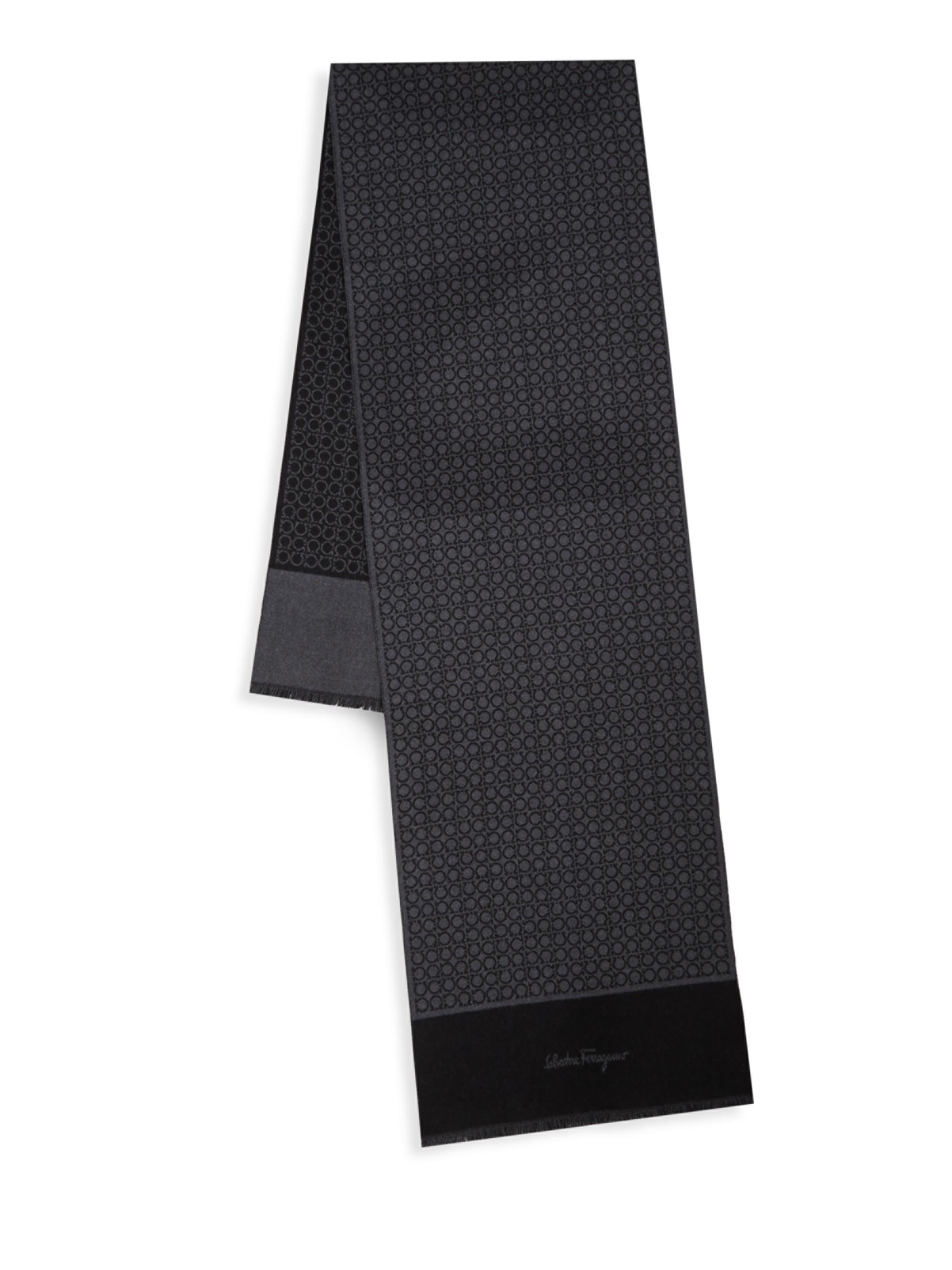 FERRAGAMO Men's Logo-Print Wool Scarf - Black Grey