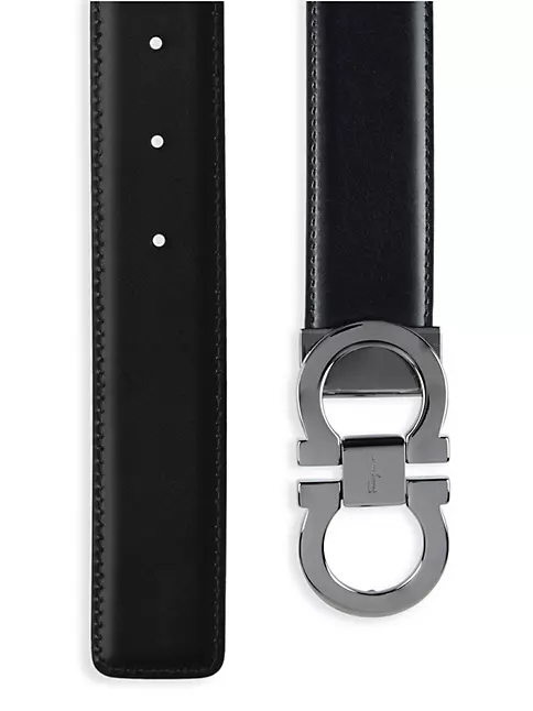 Salvatore Ferragamo Men's Black Buckle Reversible Leather Belt - 34 / Nero