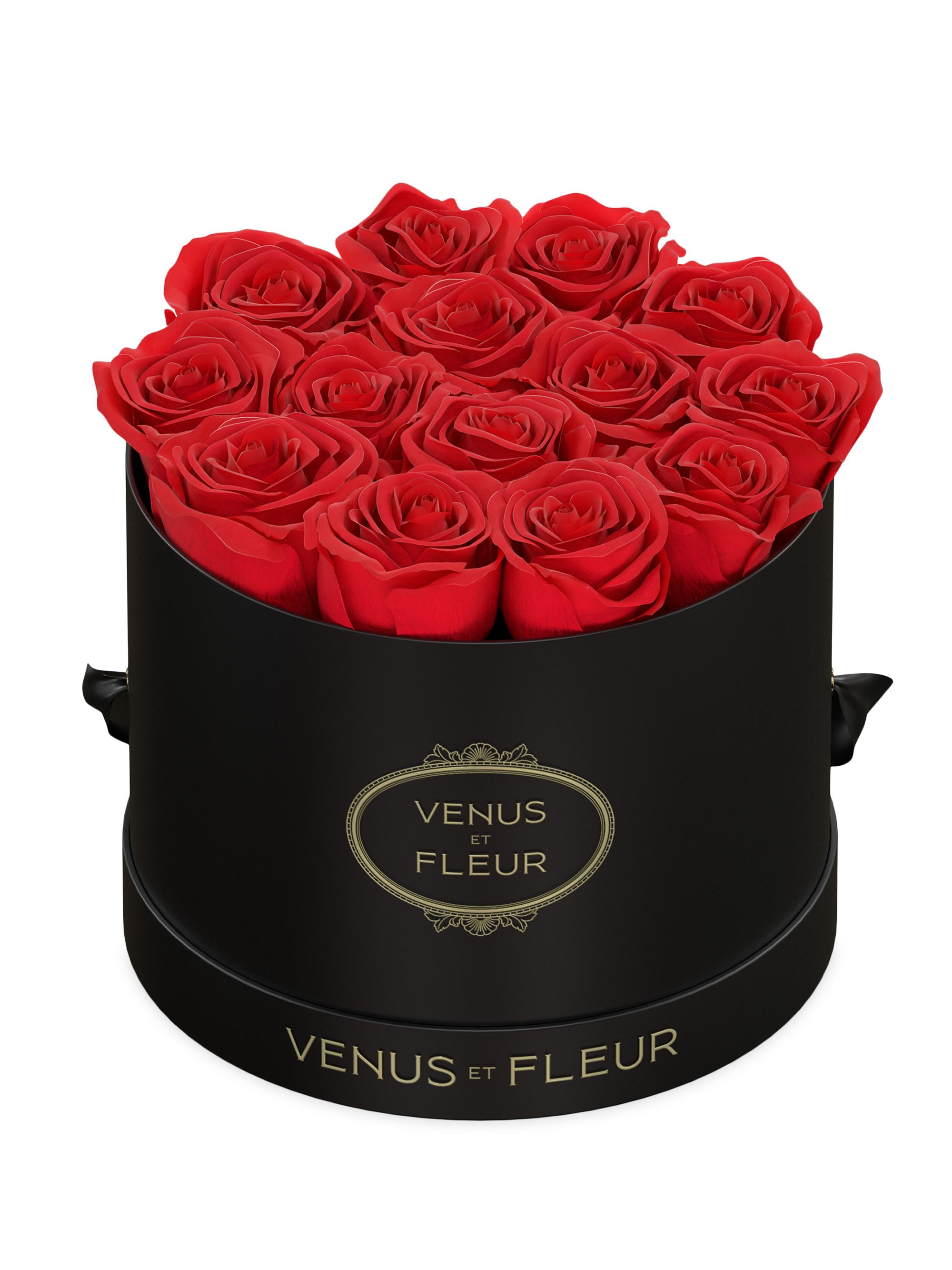 Venus et Fleur Classic Small Round Box with Pure White Roses - Red
