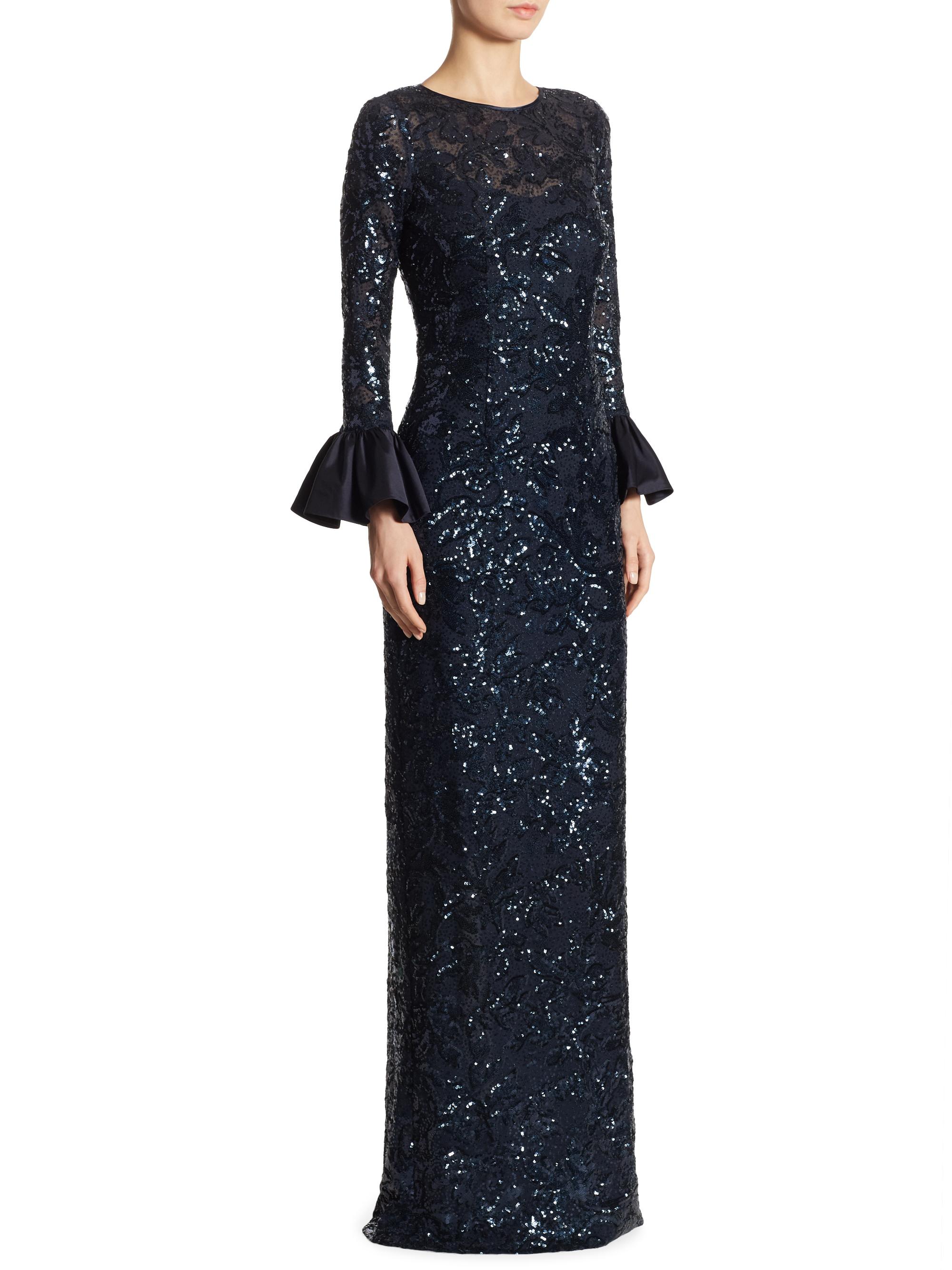 Teri Jon by Rickie Freeman Women's Sequined Bell-Sleeve Gown - Navy