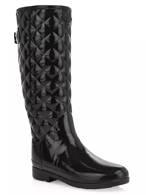 Hunter Women&s Refined Tall Gloss Quilted Rain Boots - Black - Size 6