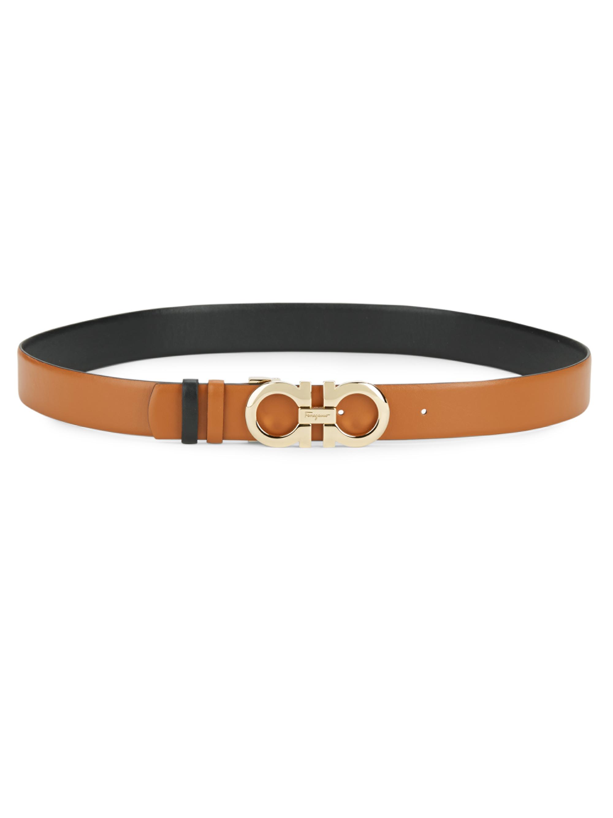 FERRAGAMO Women's Double Gancini Reversible Leather Belt - Brown