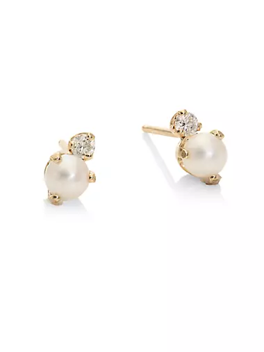 White Diamond, 4mm Round White Freshwater Pearl, & 14K Yellow Gold Stud Earrings