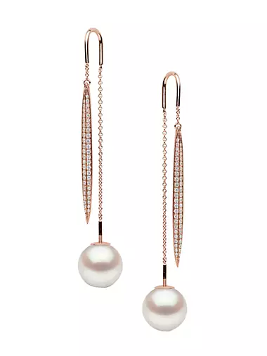 18K Rose Gold, 9.6MM Freshwater Pearl & Diamond Threader Earrings