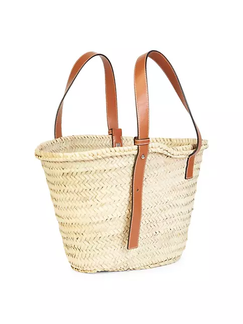 Basket bag in palm leaf and calfskin & Fish drawstring pouch in denim -  LOEWE