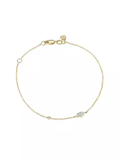 Mini 14K Yellow Gold Enamel, Turquoise & Diamond Hamsa Hand Bracelet