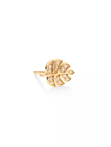 14K Yellow Gold & Diamond Mini Monstera Leaf Single Stud Earring