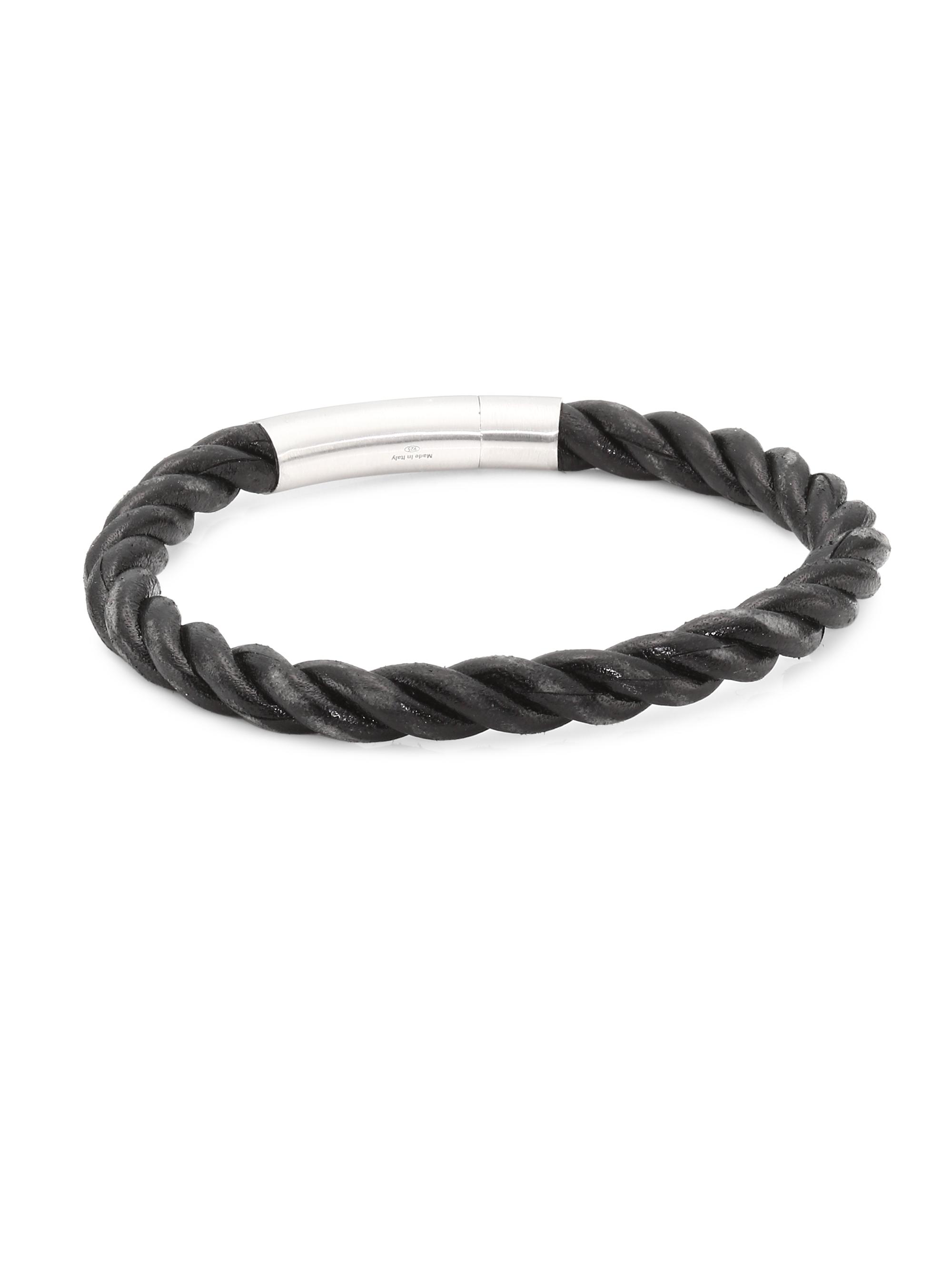 Tateossian Men's Philip Silver and Leather Braided Bracelet