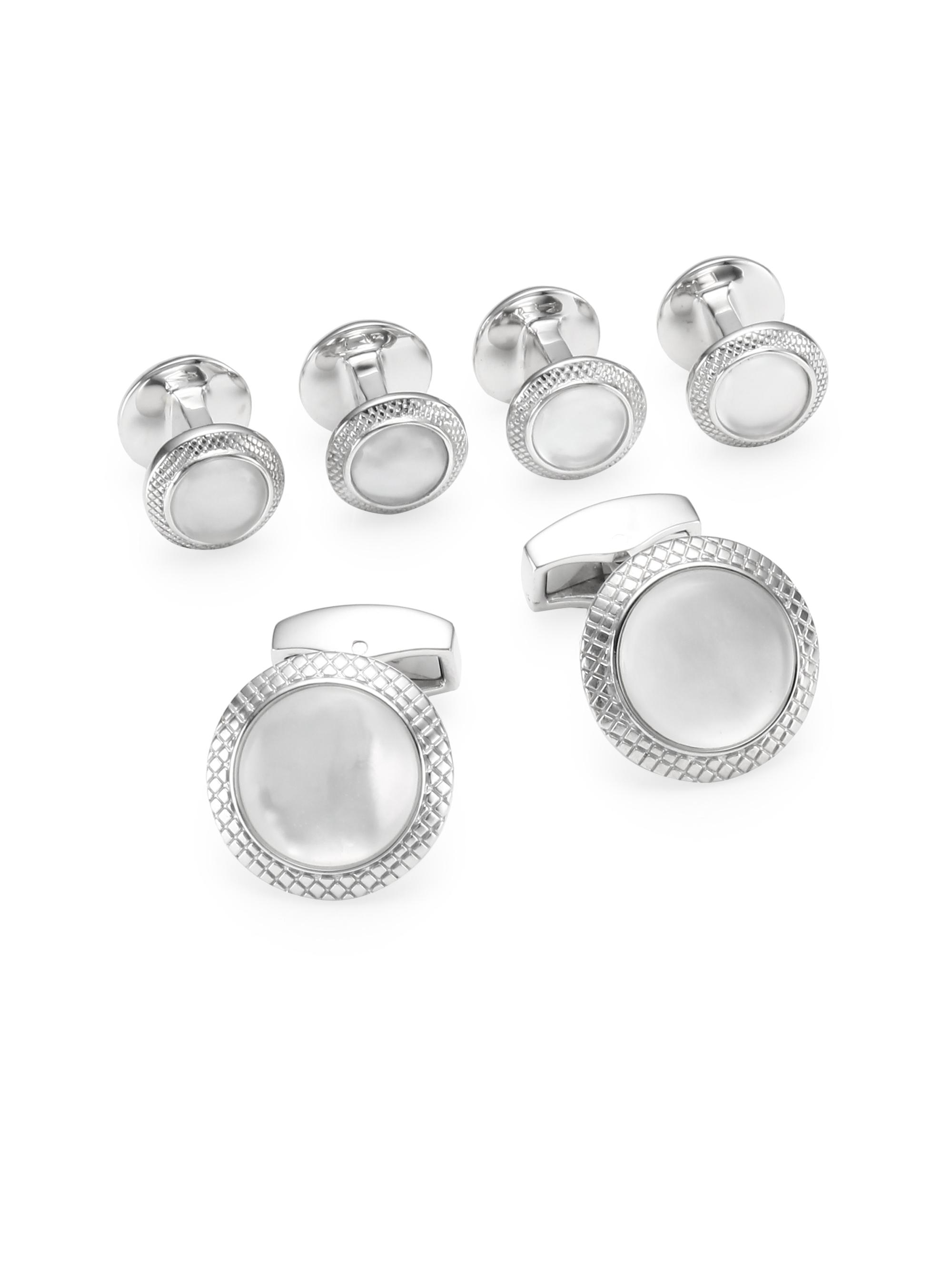 Tateossian Men's Quartz Doublet Round White Mother-Of-Pearl Cufflinks and Shirt Studs Set - Silver