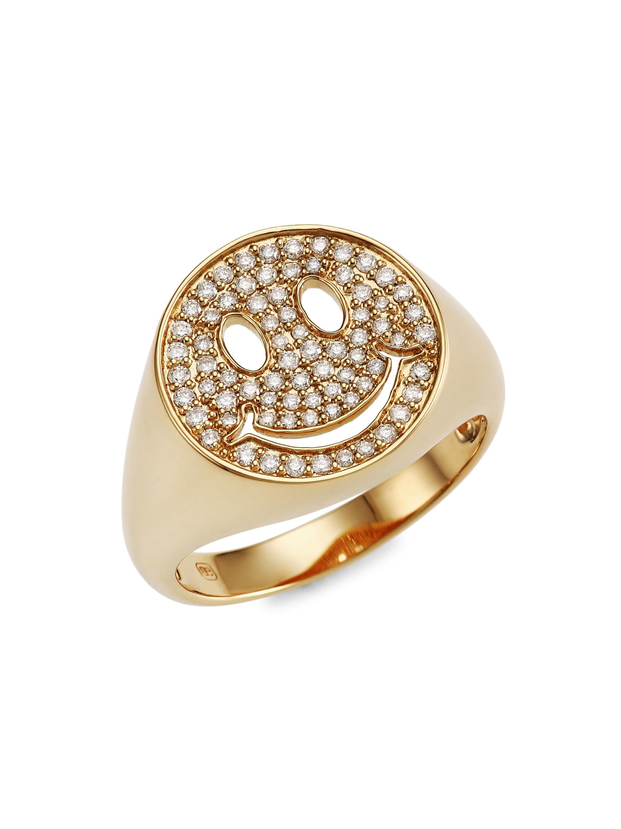 Sydney Evan Women's 14K Yellow Gold & Diamond Happy Face Signet Ring - Gold