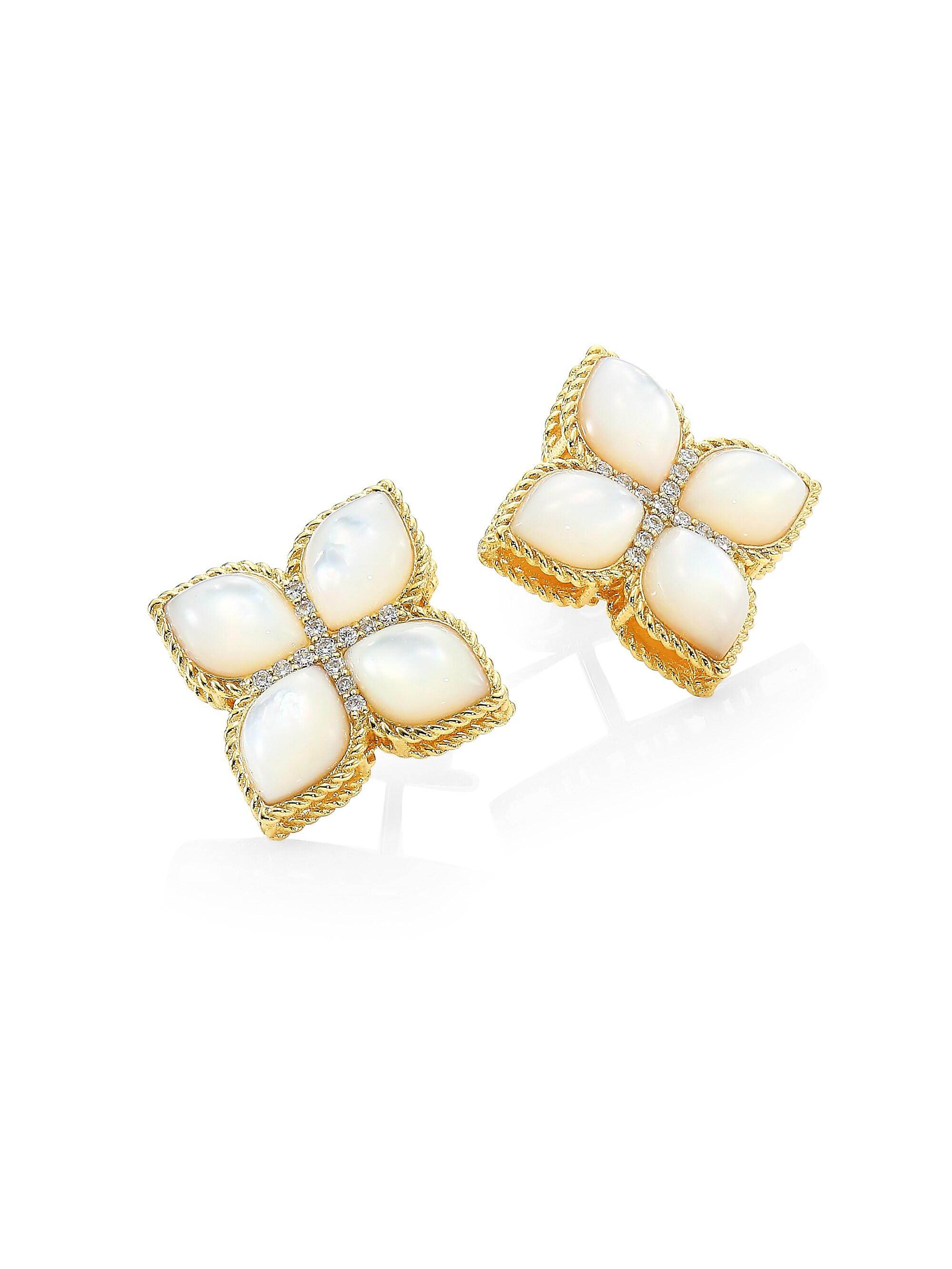 Roberto Coin Women's Venetian Princess 18K Yellow Gold, Mother-of-Pearl & Diamond Stud Earrings - Yellow Gold