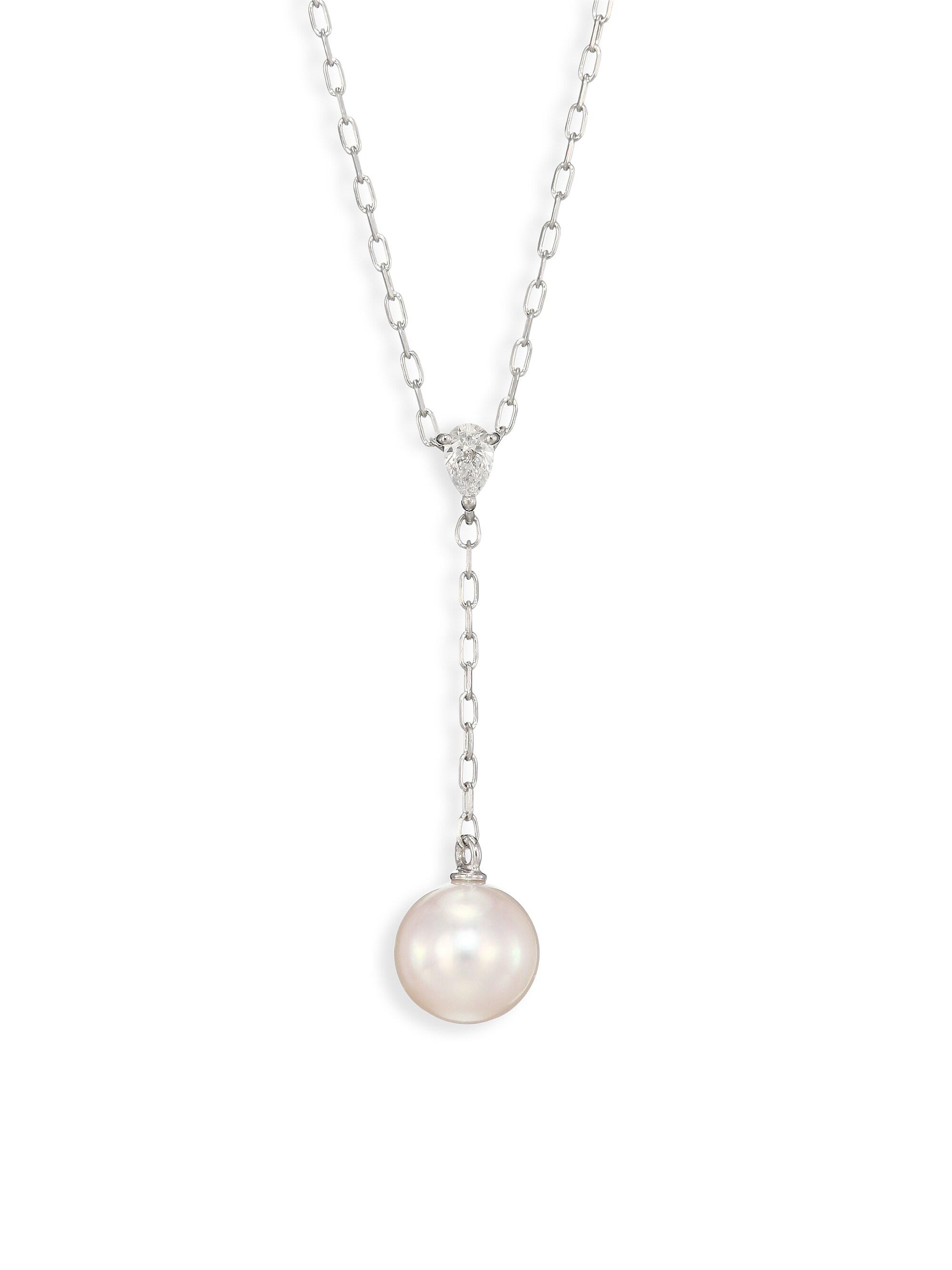 Mikimoto Women's 7.5MM White Cultured Akoya Pearl, Diamond & 18K White Gold Pendant Necklace - White Gold