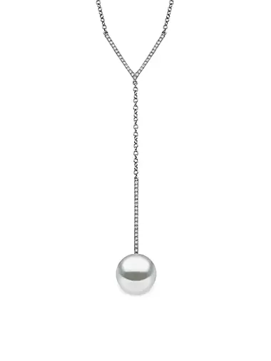 18K White Gold, 12.6MM Cultured South Sea Pearl & Diamond Y-Necklace