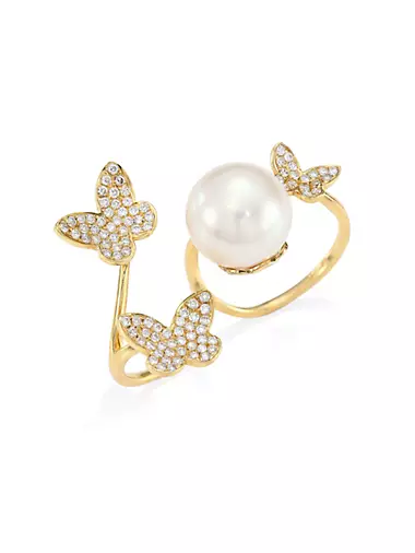 18K Yellow Gold, 13MM Cultured South Sea Pearl & Diamond Double Ring